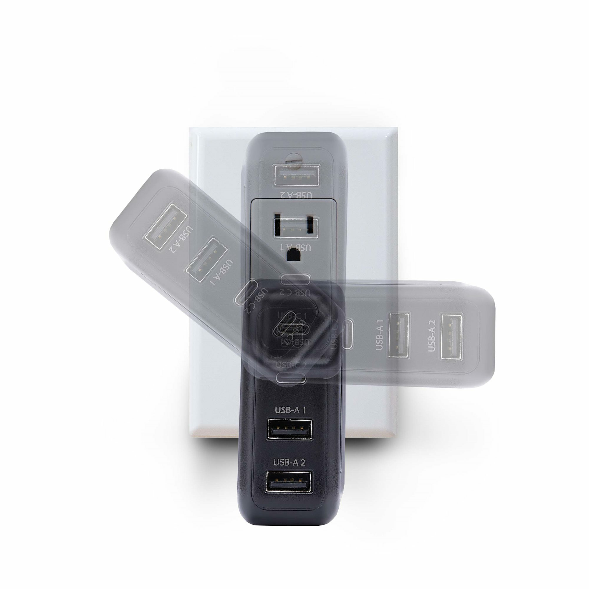 Resim StarTech.com 100W GaN USB-C PD 3.0 Duvar Tipi Şarj Cihazı, 2x USB-C, 2x USB-A, 1.8m Kablo, Siyah