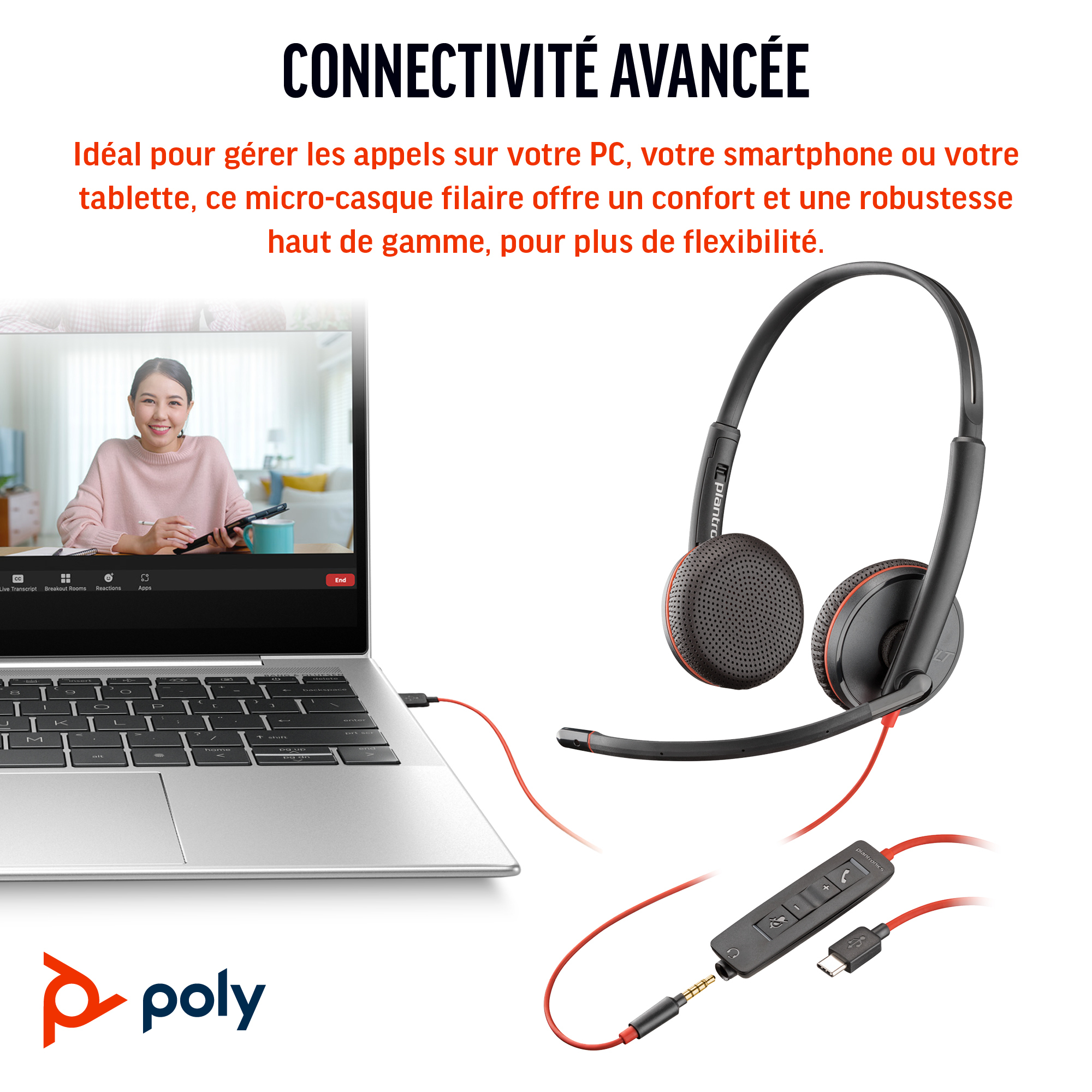 HP Poly Blackwire 3225 Stereo USB-C Headset +3.5mm Plug +USB-C/A Adapter (Bulk). Product colour: Black