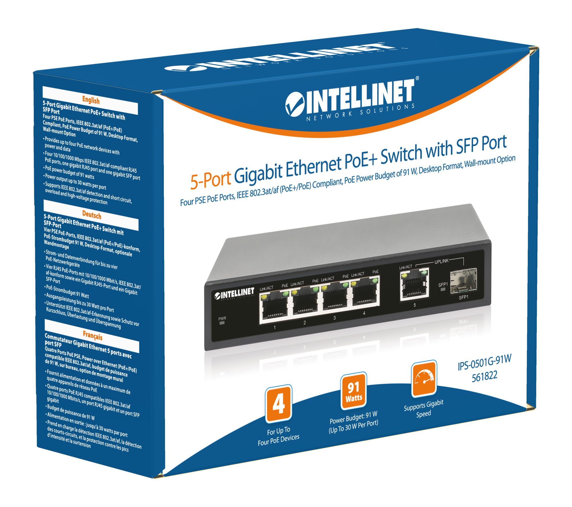 Intellinet 5-Port Gigabit Ethernet PoE+ Switch with SFP Port, Four PSE PoE Ports, IEEE 802.3at/af (PoE+/PoE) Compliant, PoE Power Budget of – image 8