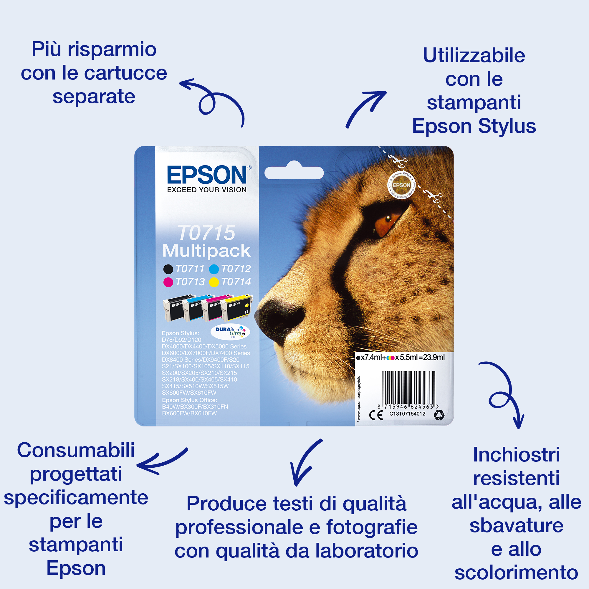 Materiale di consumo: Cartucce di inchiostro, DURABrite Ultra, T0715, Ghepardo, Multipack