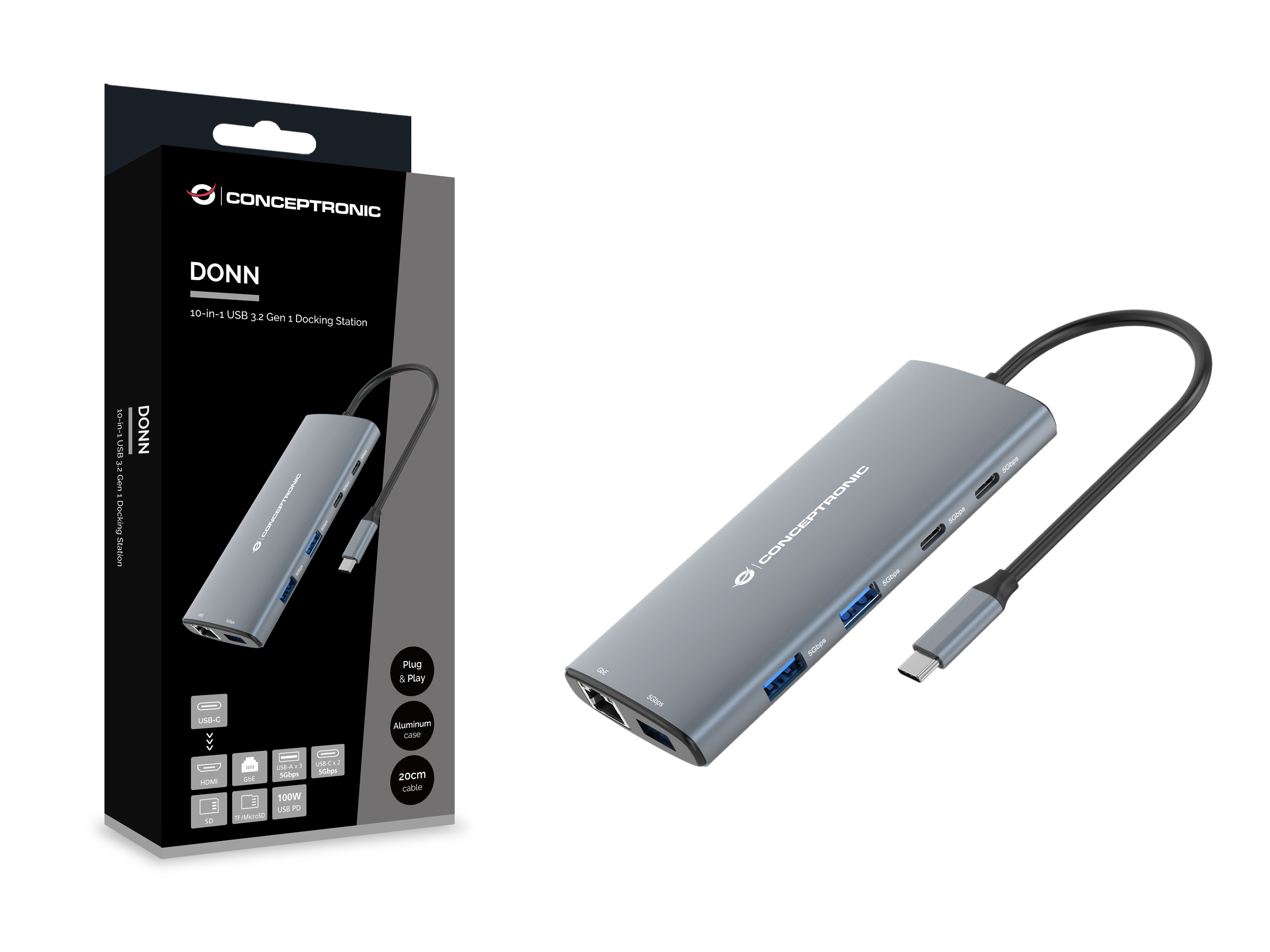 CONCEPTRONIC 10-1 Dock USB-C->HDMI/2xUSB-C/3xUSB-A/+ 20cm gr
