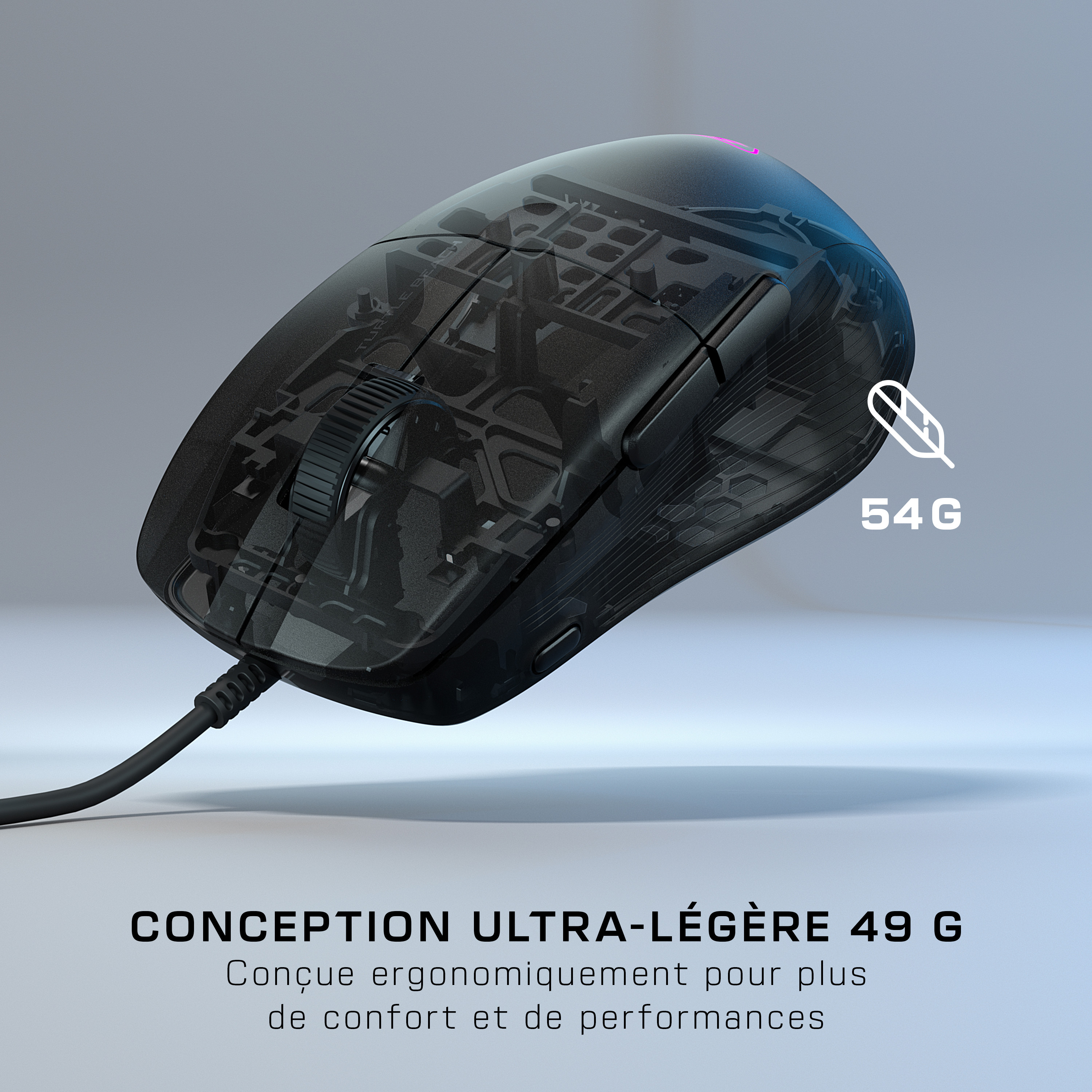 Turtle Beach Pure SEL - Souris gaming ergonomique ultralégère RGB, capteur optique DPI 8K, touches mécaniques, système de prétension, patins en PTFE pur, éclairage RGB - Noir