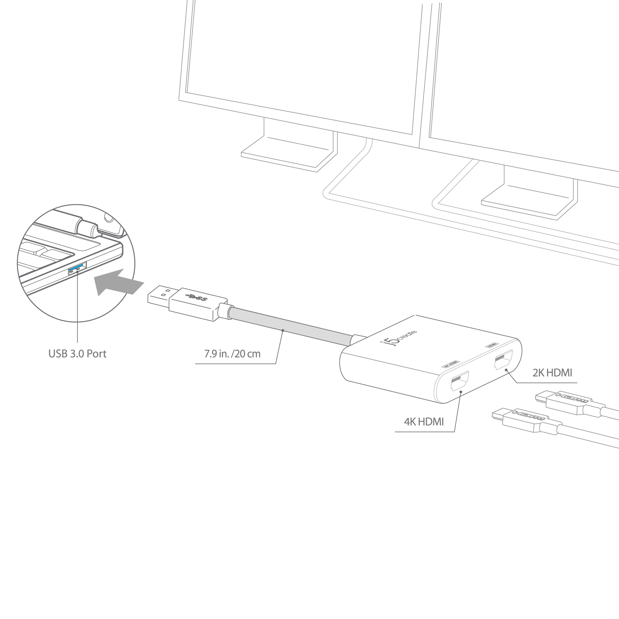 j5create JUA365 USB™ 3.0 to Dual HDMI Multi-Monitor Adapter, Silver – image 9