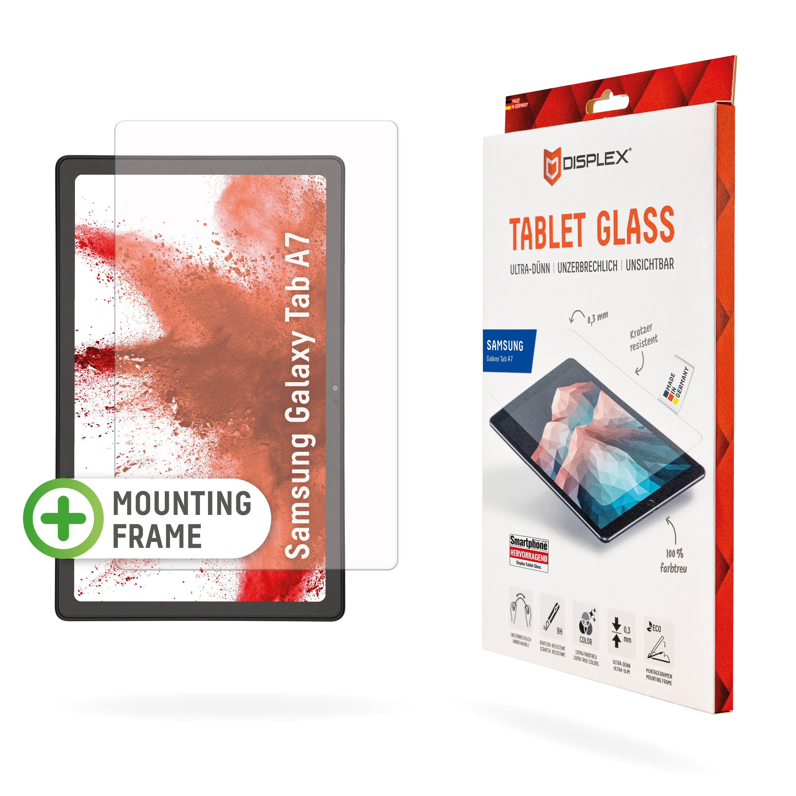 Displex Tablet Glass (9H) for Samsung Galaxy Tab A7, Eco Mounting Frame, unbreakable, ultra-slim, invisible