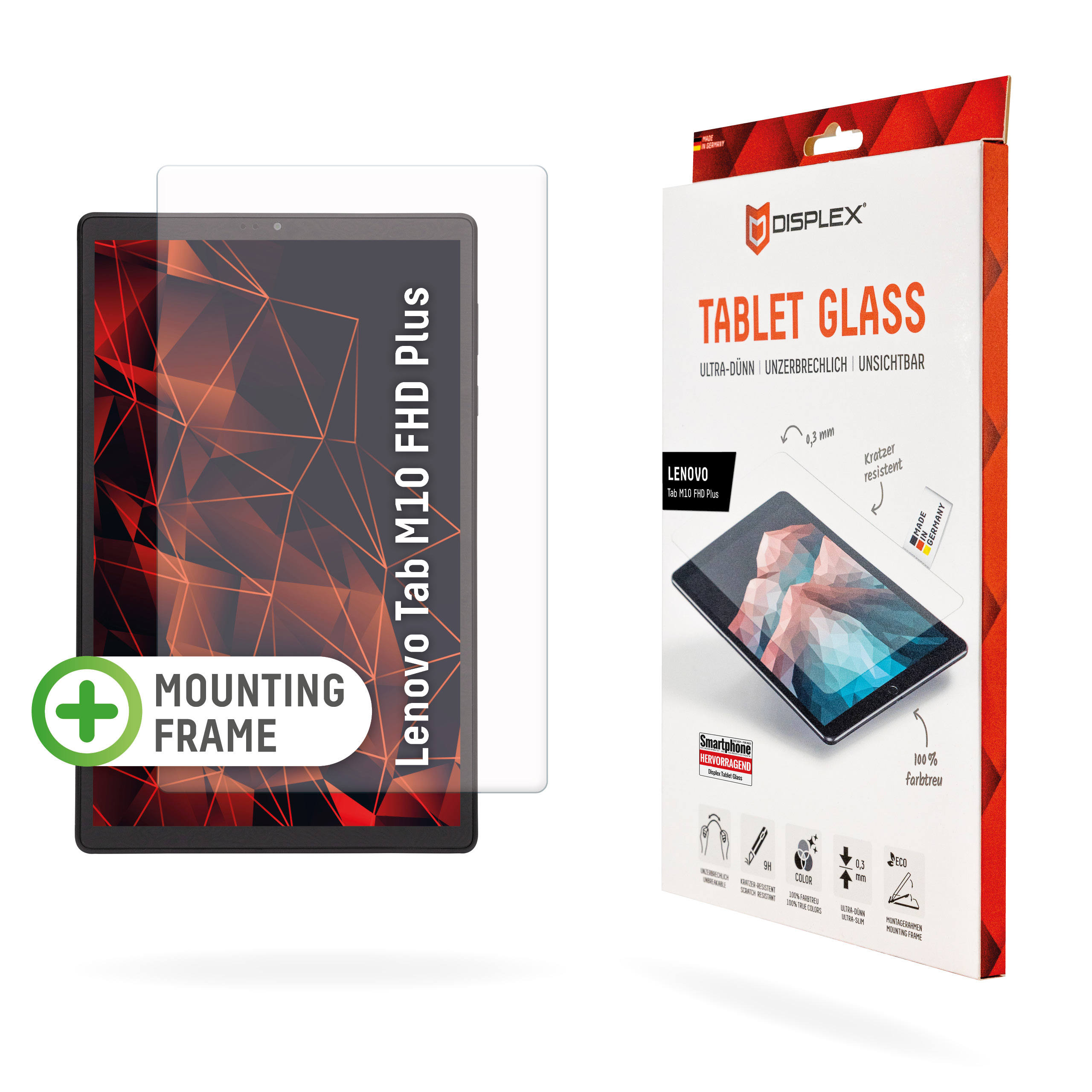Displex Tablet Glass (9H) for Tab M10 FHD Plus, Eco Mounting Frame, unbreakable, ultra-slim, invisible