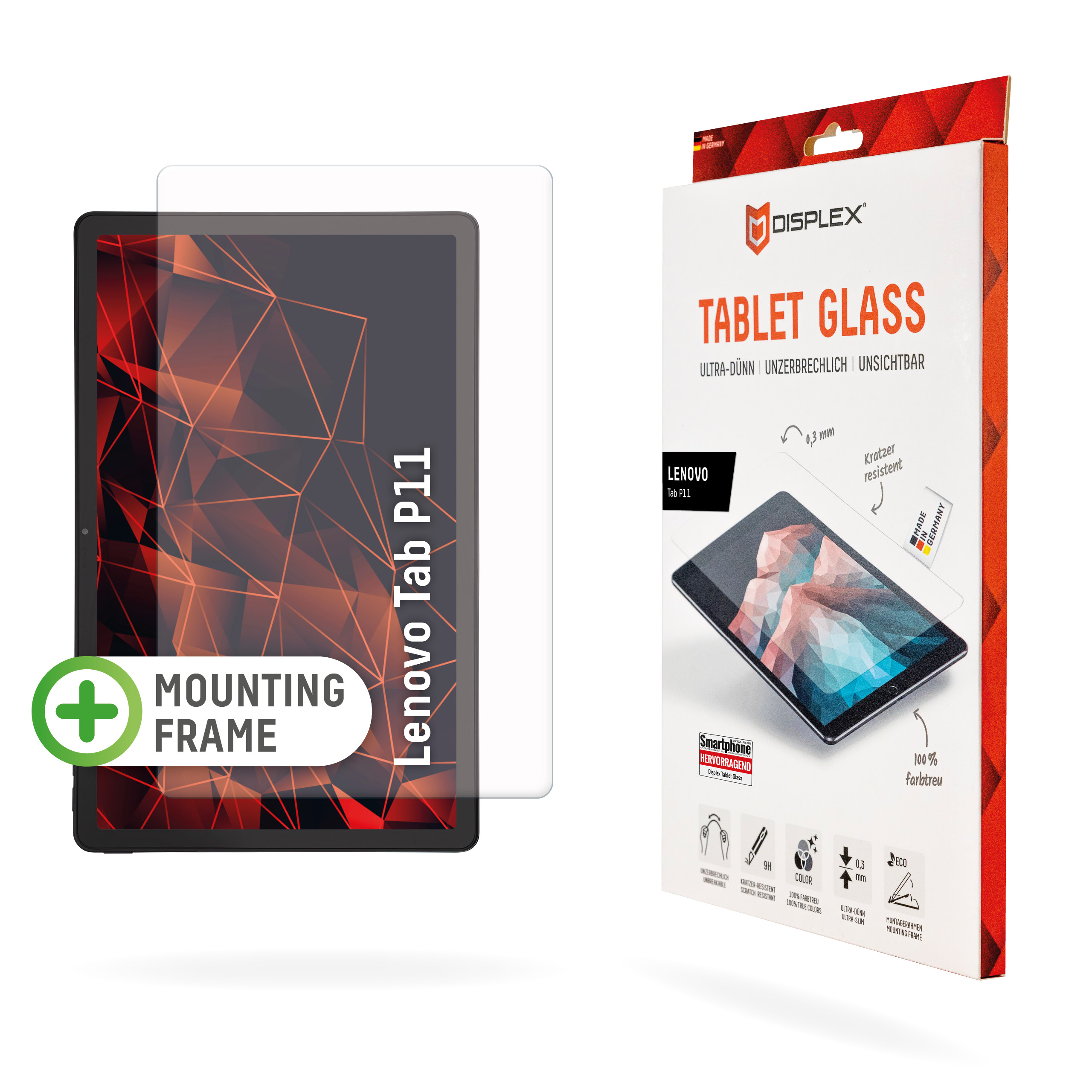 Displex Tablet Glass (9H) for Tab P11, Eco Mounting Frame, unbreakable, ultra-slim, invisible