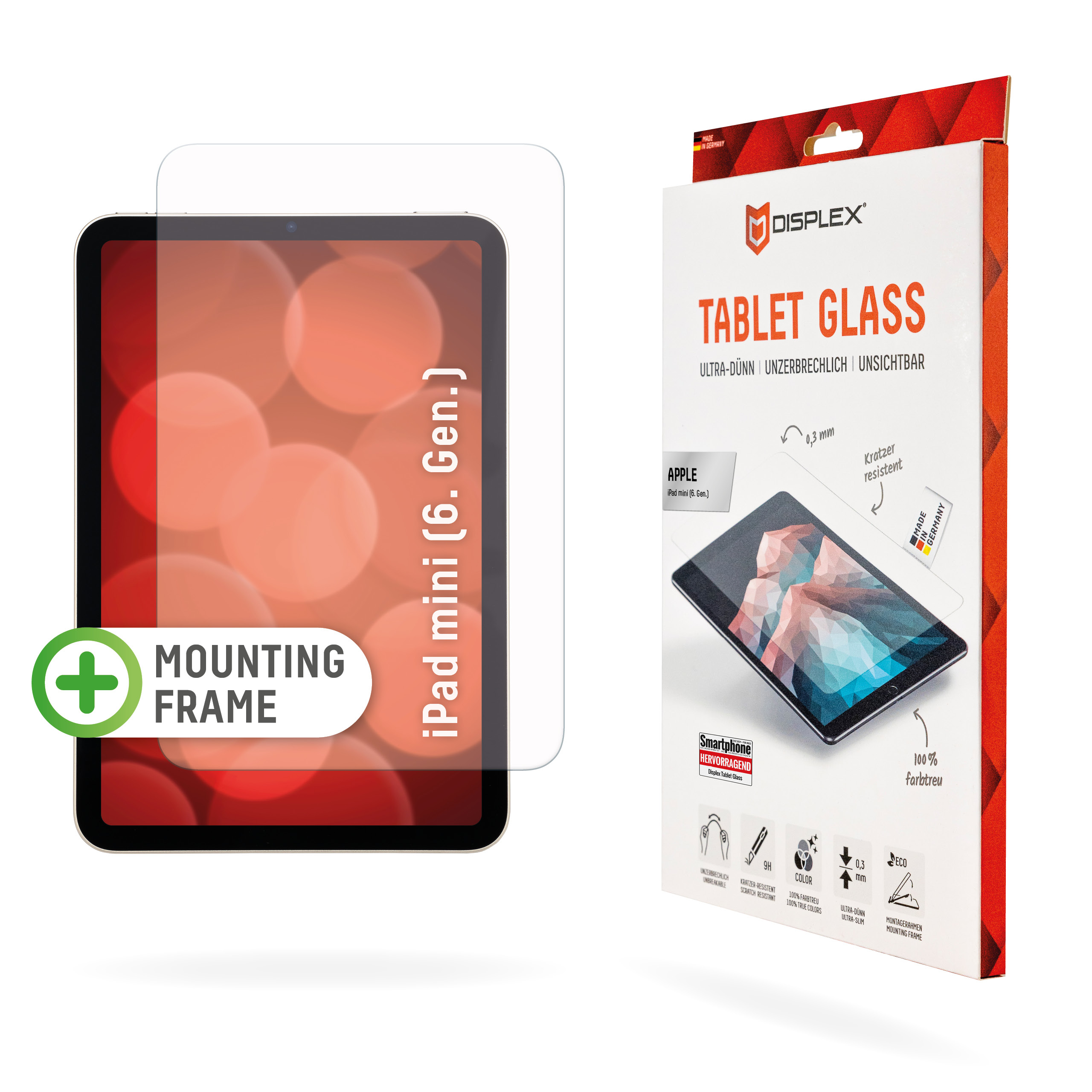 Displex Tablet Glass (9H) for Apple iPad mini 8,3'' (6. Gen.), Eco Mounting Frame, unbreakable, ultra-slim, invisible