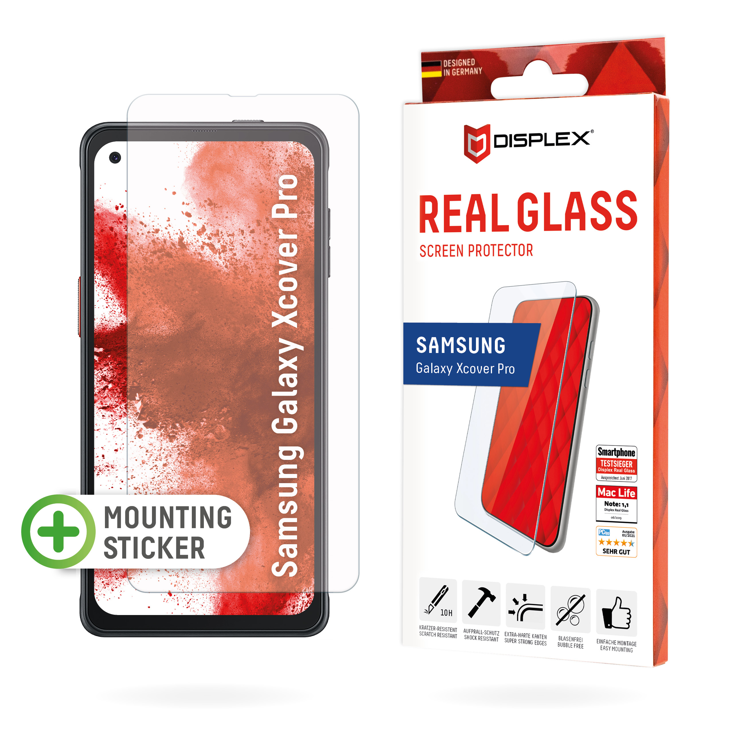 Displex Screen Protector (10H) for Samsung Xcover Pro, Mounting Sticker, Tempered Glass, scratch resistant protective film, case friendly