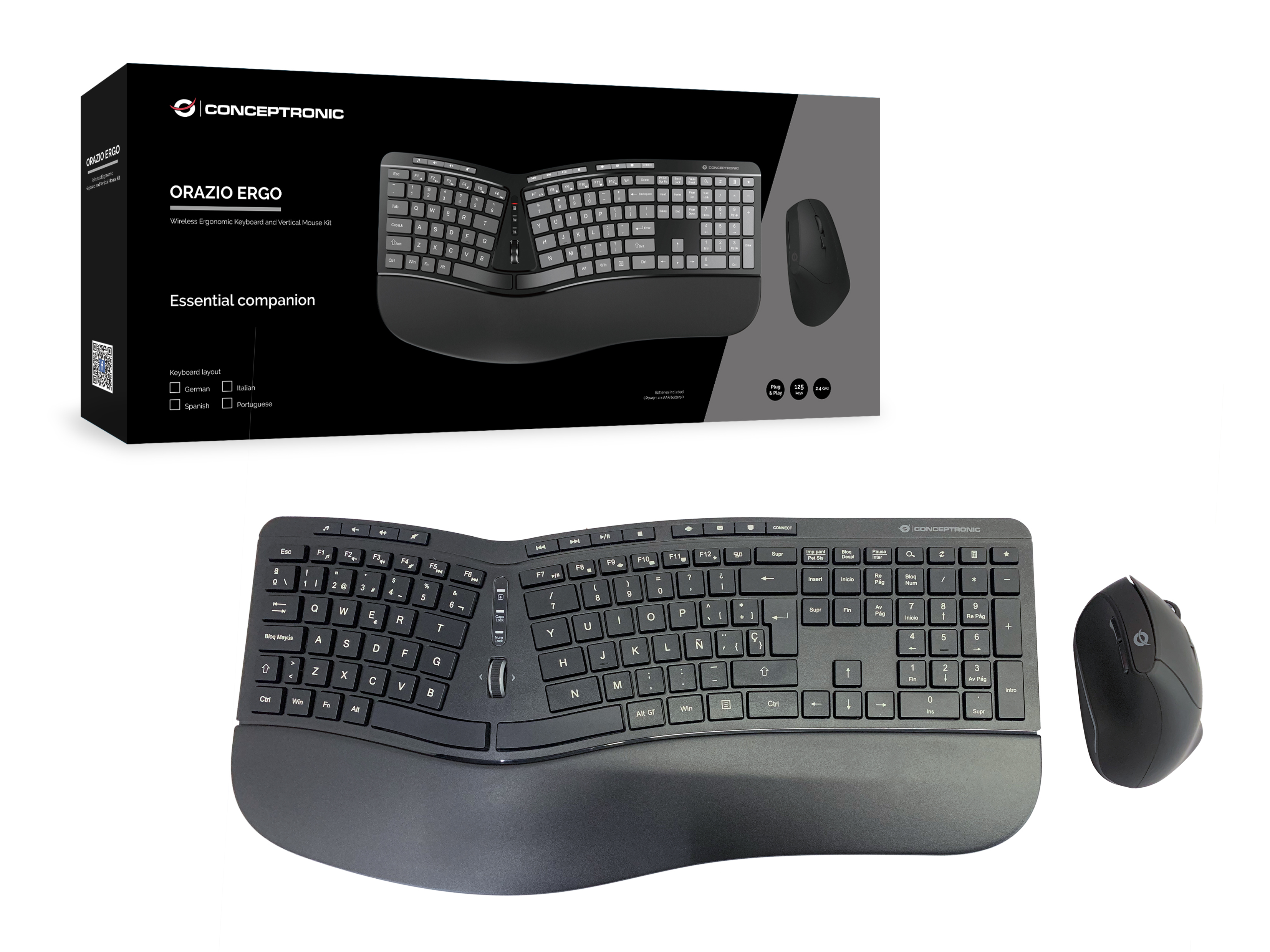 Conceptronic ORAZIO ERGO Kabelloses Set aus ergonomischer Tastatur und vertikaler Maus, spanisch