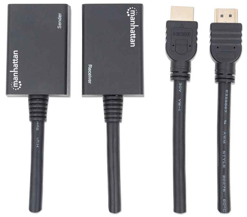 Manhattan 1080p HDMI over Ethernet Extender with Integrated Cables, Distances up to 30m with 2x Cat5e or Cat6 Ethernet Cables (not included), Black, Three Year – image 4