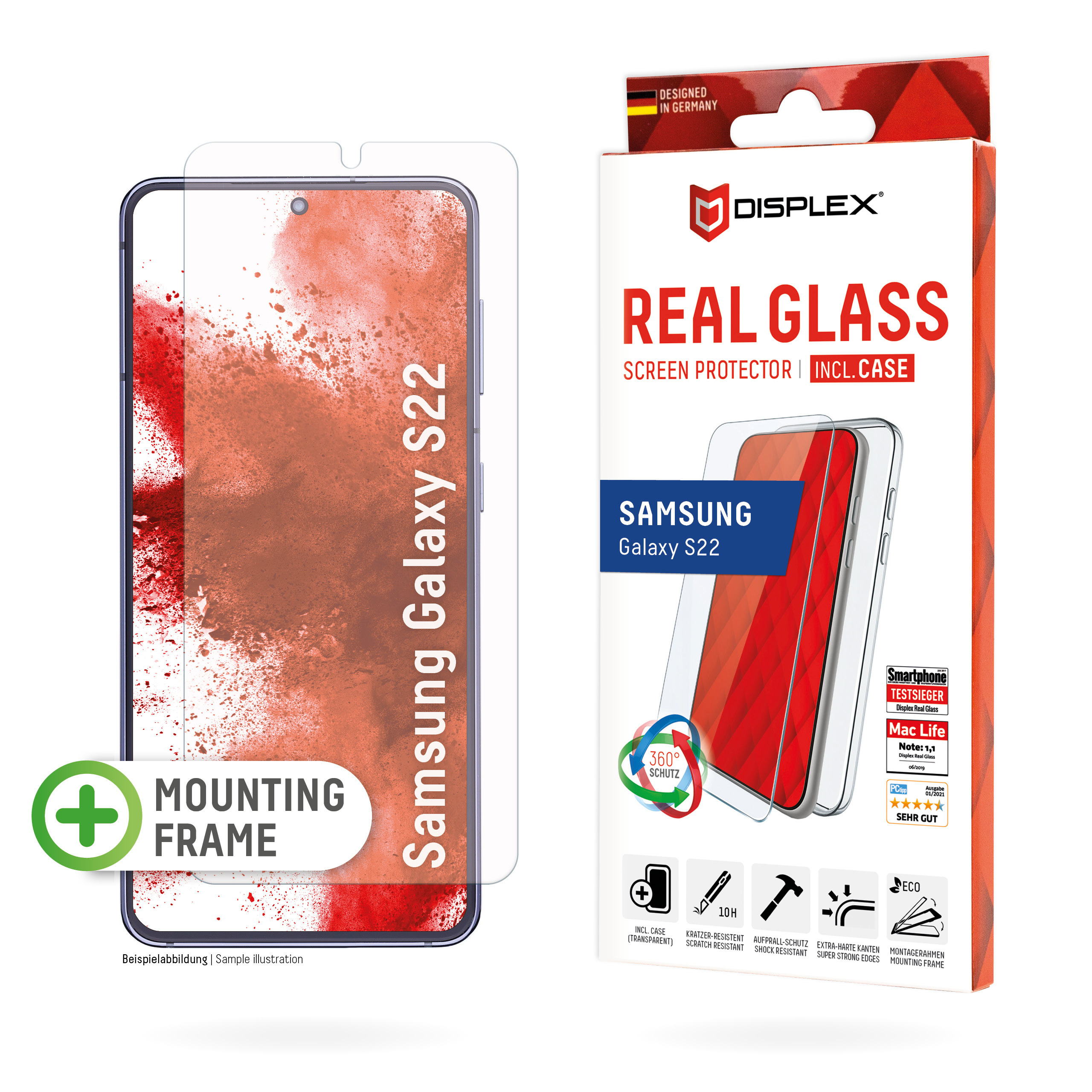 Displex Screen Protector (10H) + Case for Samsung Galaxy S22, Eco Mounting Frame, + Case, Tempered Glass, scratch resistant protective film