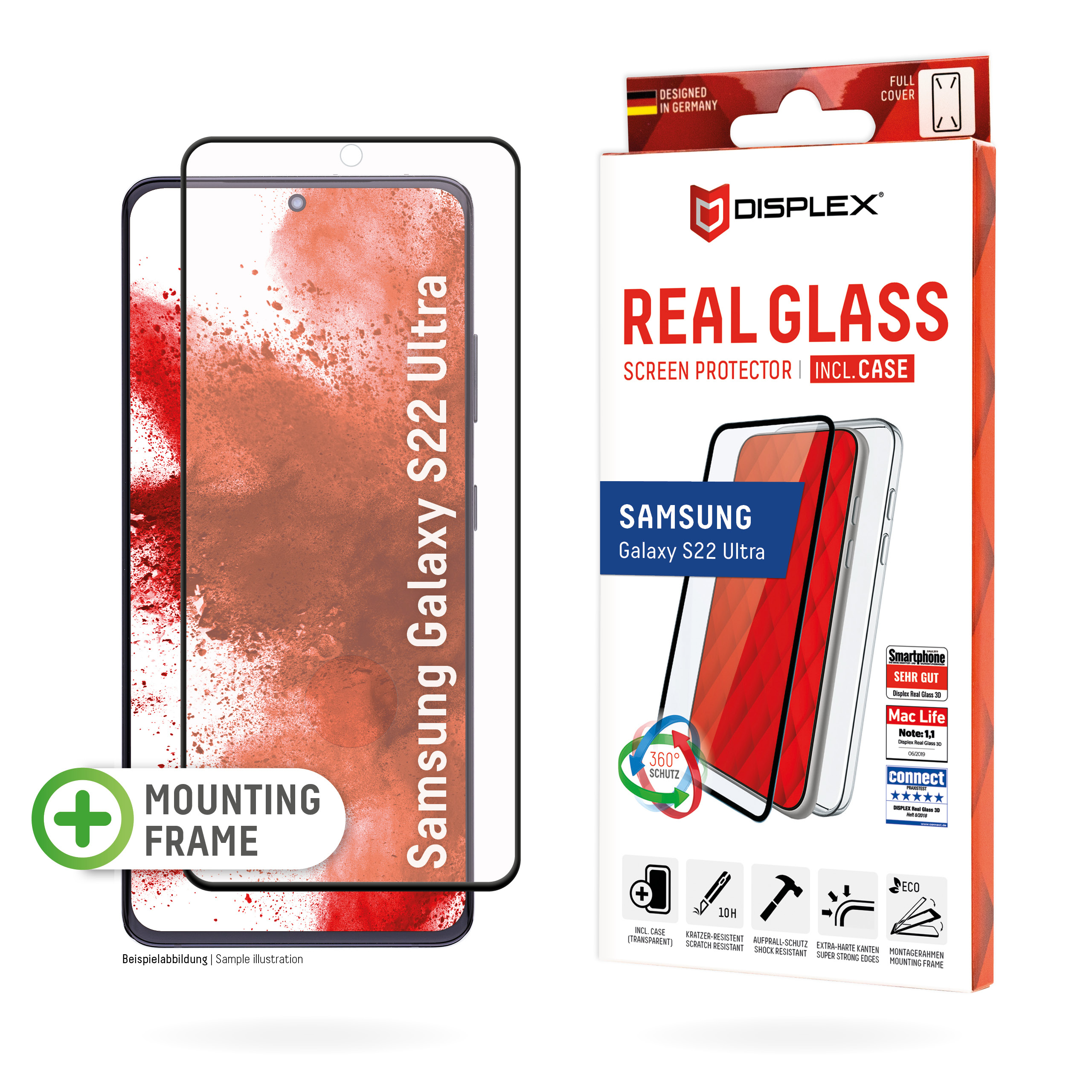 Displex Screen Protector (10H) + Case for Samsung Galaxy S22 Ultra, Eco Mounting Frame, + Case, full screen coverage, Tempered Glass, scratch resistant protective film