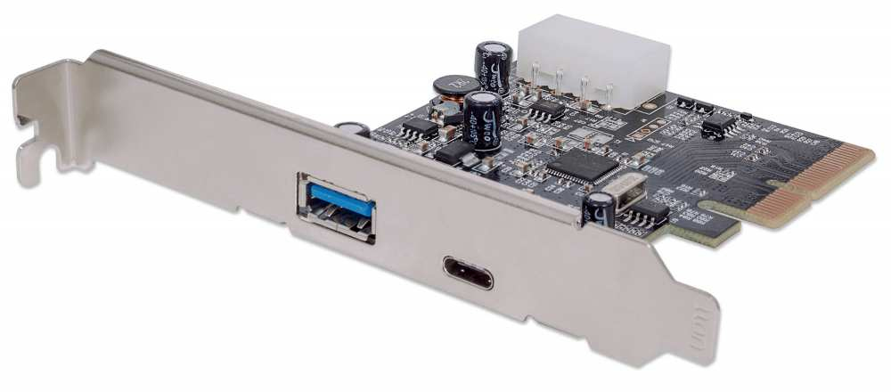 Manhattan PCI Express Card, 1x USB-C and 1x USB-A ports, 10 Gbps (USB 3.2 Gen2 aka USB 3.1) x4 x8 x16 lane bus, Box