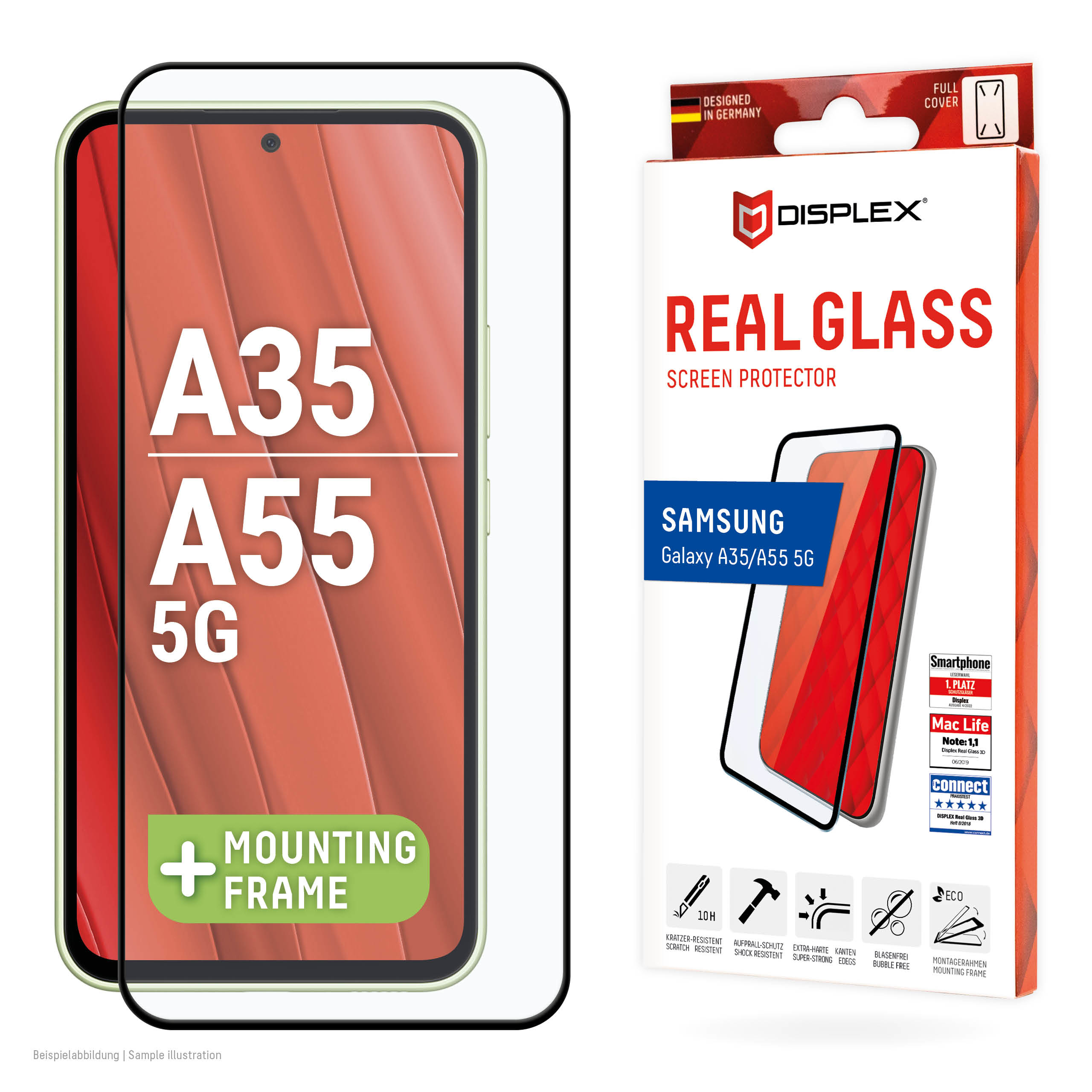 Displex Full Cover Screen Protector (10H) for Samsung Galaxy A35/A55 5G, Eco Mounting Frame, Full Cover