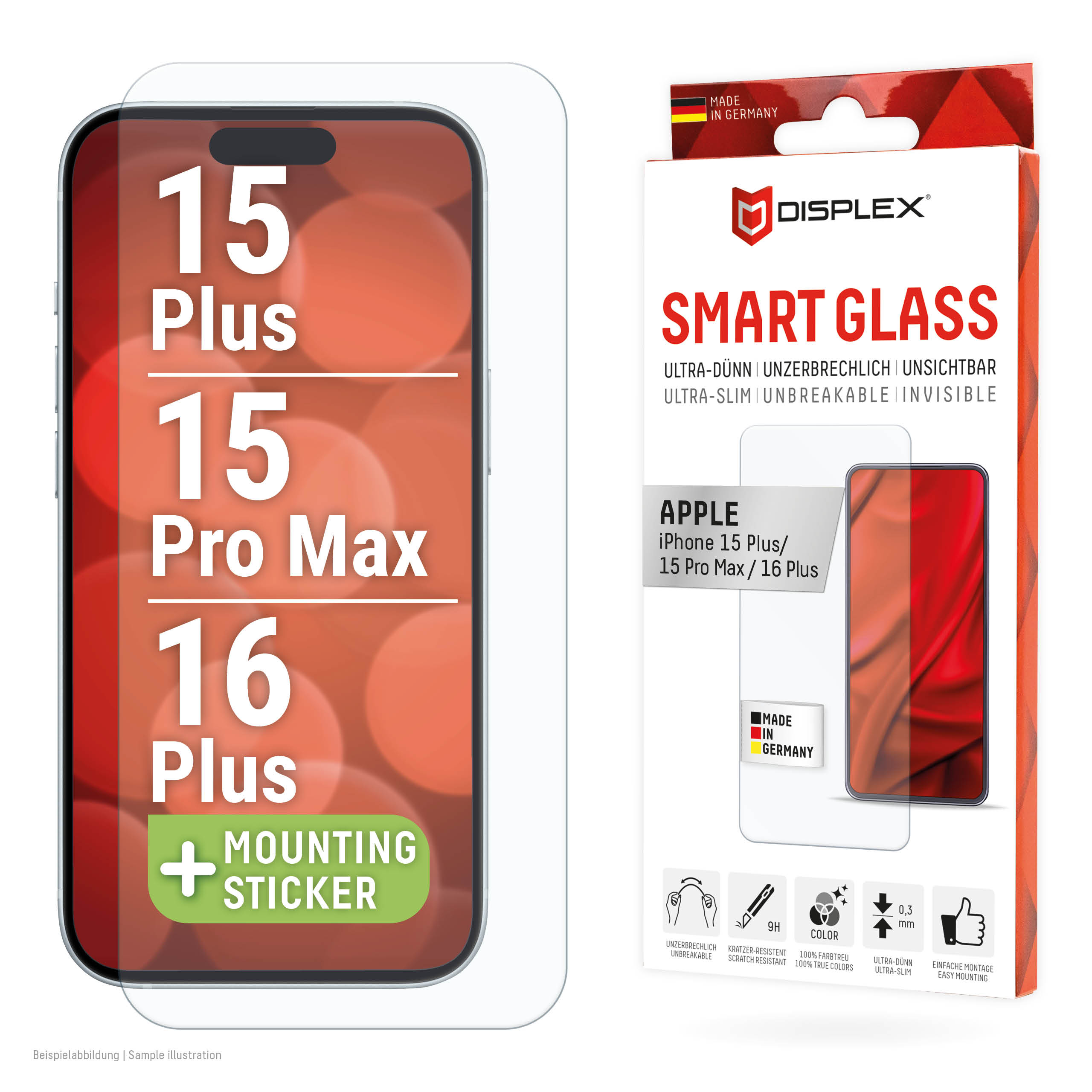Displex Smart Glass (9H) for Apple iPhone 15 Plus/15 Pro Max/16 Plus, Mounting Sticker, unbreakable