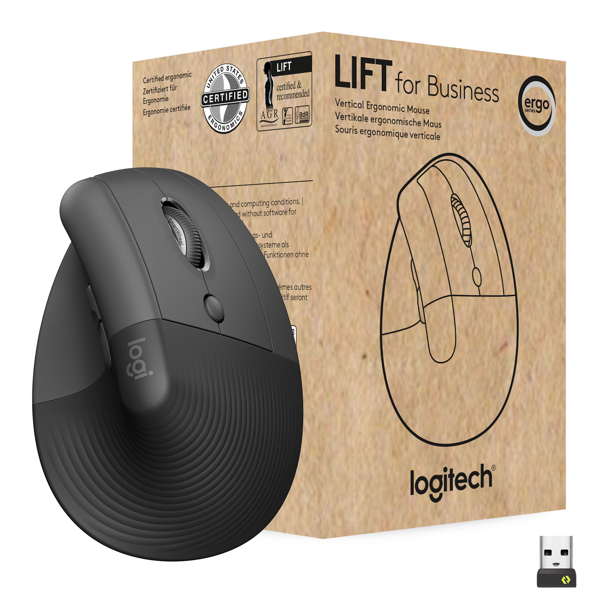 Logitech Mouse LIFT (RIGHT) WL Vertical Ergonomic for Busi. graphite BT für Rechtshänder, 6 Tasten