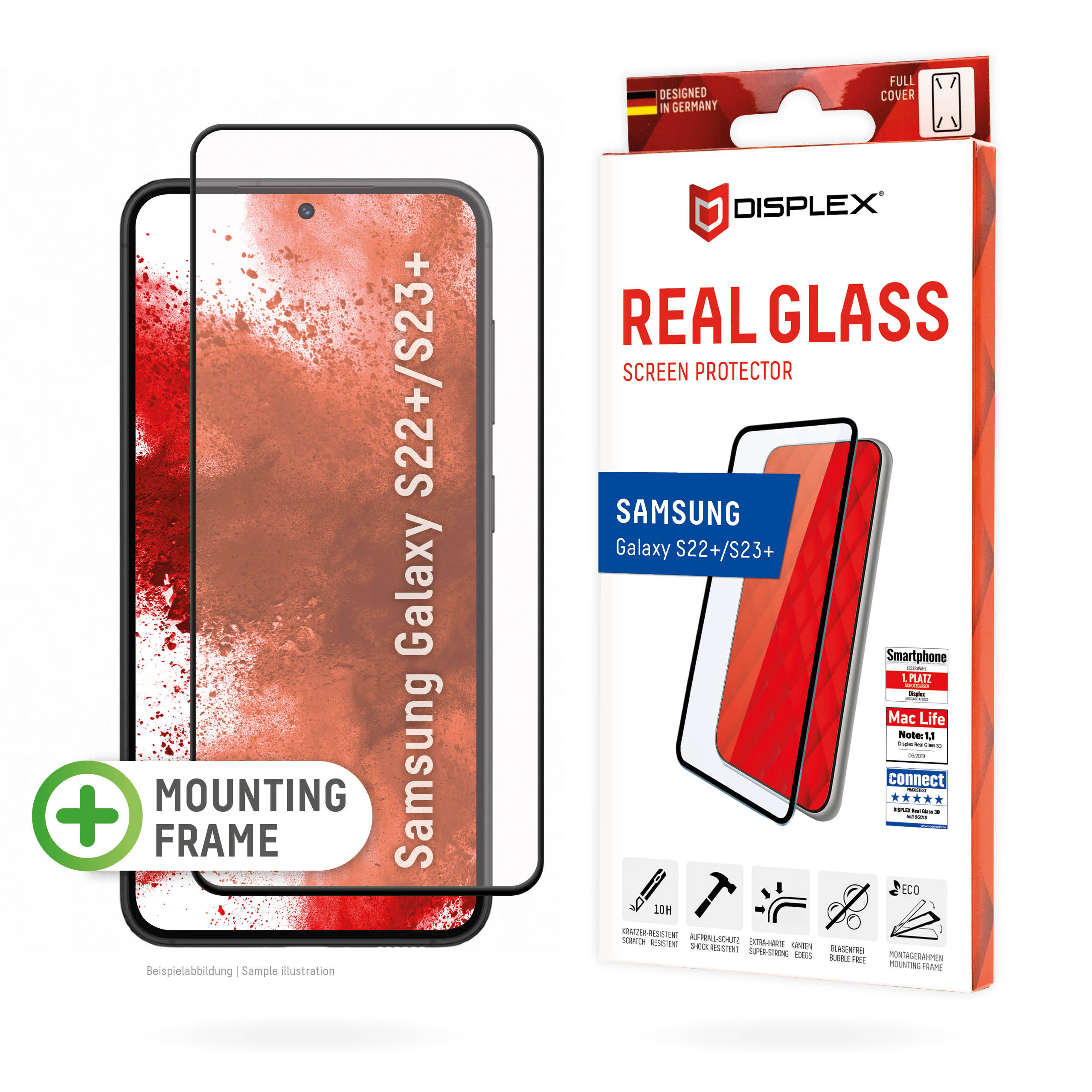 Displex Premium Screen Protector (Full Cover, 10H) for Samsung Galaxy S22+/S23+, Eco Mounting Frame, Full Cover
