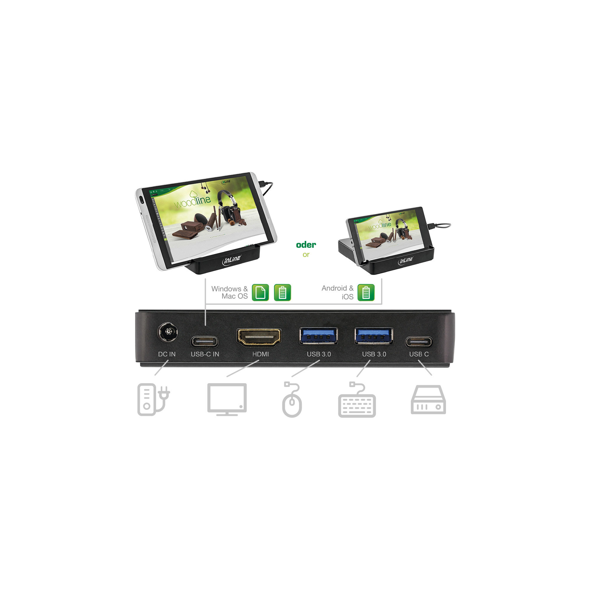 InLine USB Mini Docking Station with USB Type C PD, tablet stand, USB 3.0, HDMI – image 2