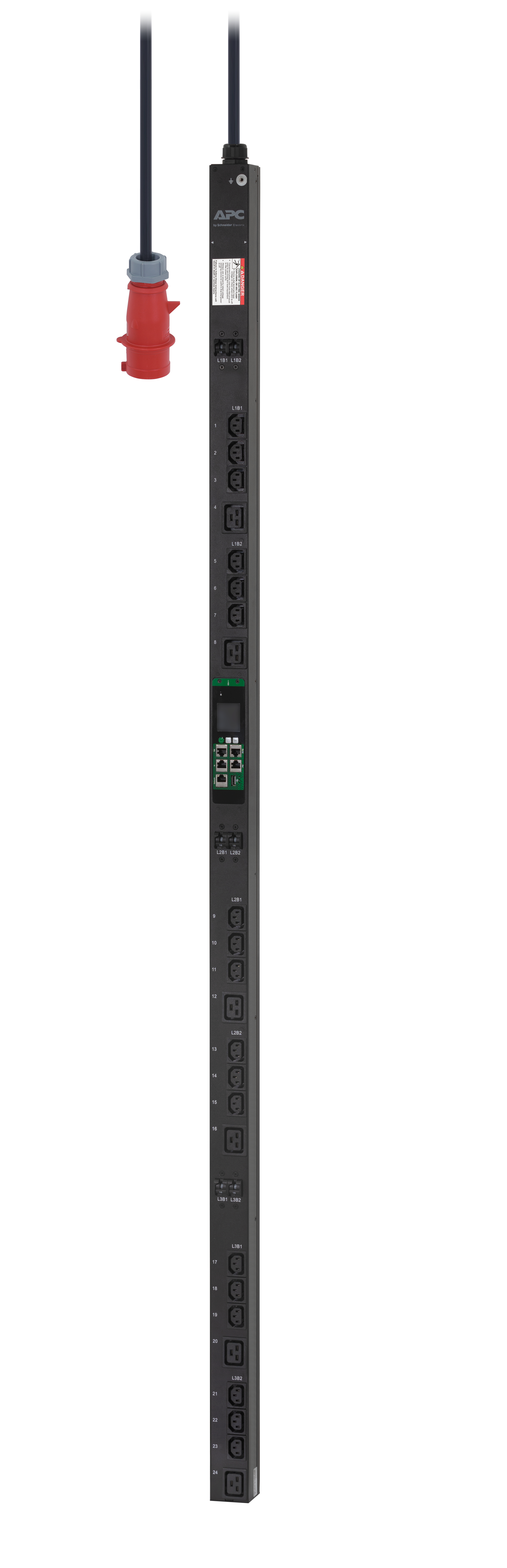 APC EasyPDU EPDU1232MBO - Power distribution unit (rack-mountable) - metered-by-outlet - AC 400 V - 22 kW - 22000 VA - 3-phase - Ethernet 10/100, RS-485, serial - input: IEC 60309 3P+N+PE - output connectors: 24 (18 x IEC 60320 C13, 6 x IEC 60320 C19) - 0U - 3 m cord - black