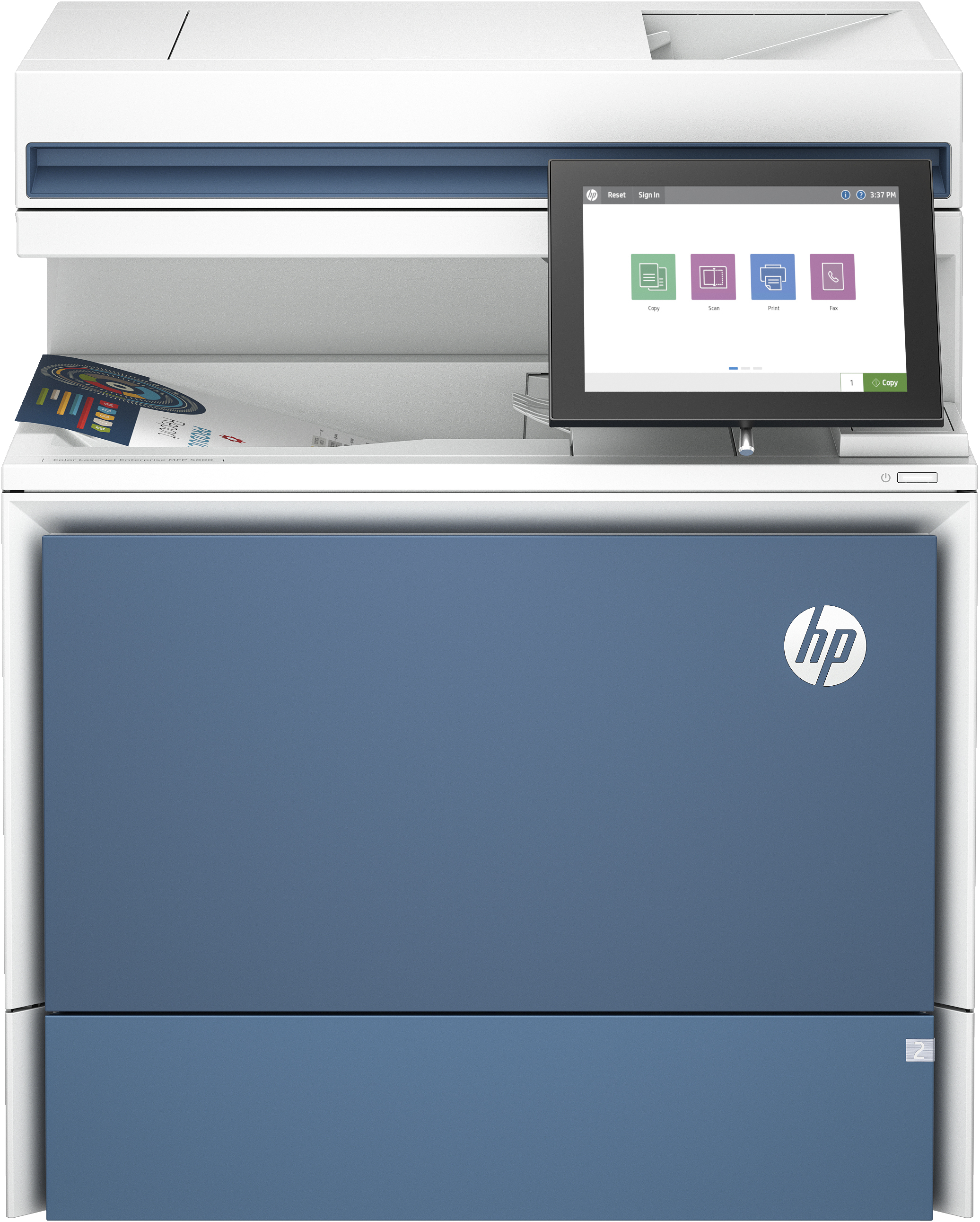 HP LaserJet Color Enterprise MFP 5800dn-skrivare, Skriv ut, kopiera, skanna, faxa (tillval), Automatisk dokumentmatare; Fack med hög kapacitet (tillval); Pekskärm; TerraJet-kassett