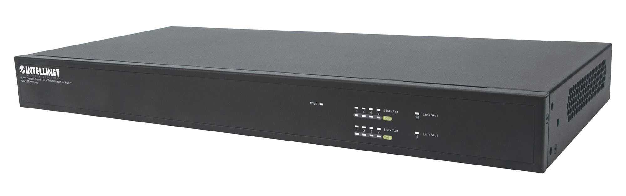 Intellinet 8-Port Gigabit Ethernet PoE+ Web-Managed AV Switch with 2 SFP Uplinks, Eight Rear-Facing PoE+ ports, IEEE 802.3at Power over Ethernet (PoE+), Layer2+