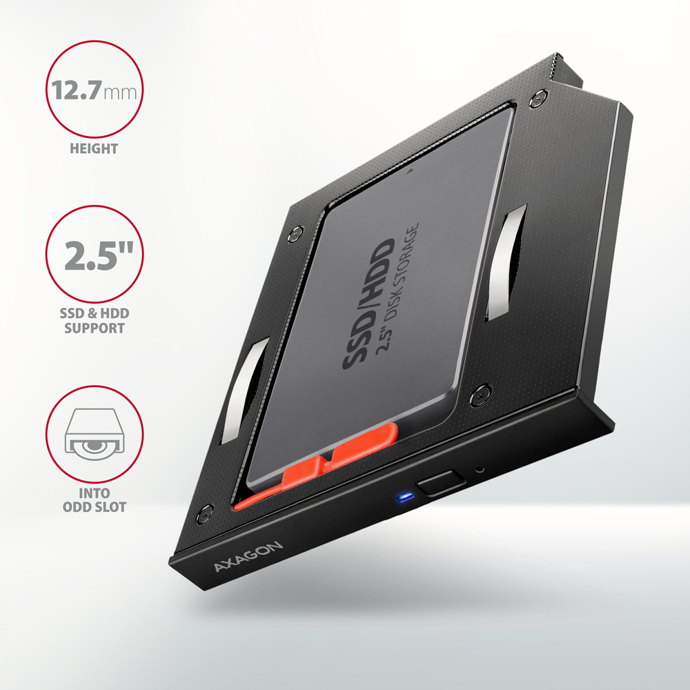 Axagon RSS-CD12 2.5 SSD/HDD caddy into DVD slot 12.7 mm LED ALU – image 2