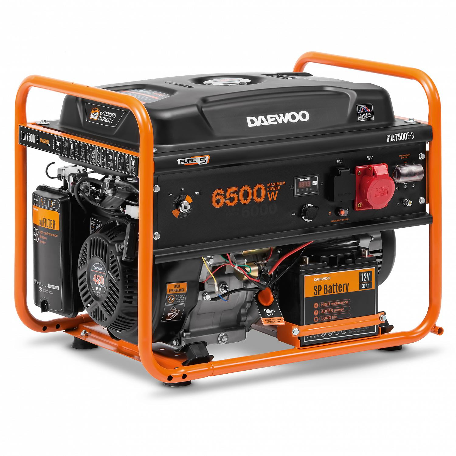 Daewoo GDA 7500E-3 engine-generator 6000 W 30 L Petrol Orange, Black