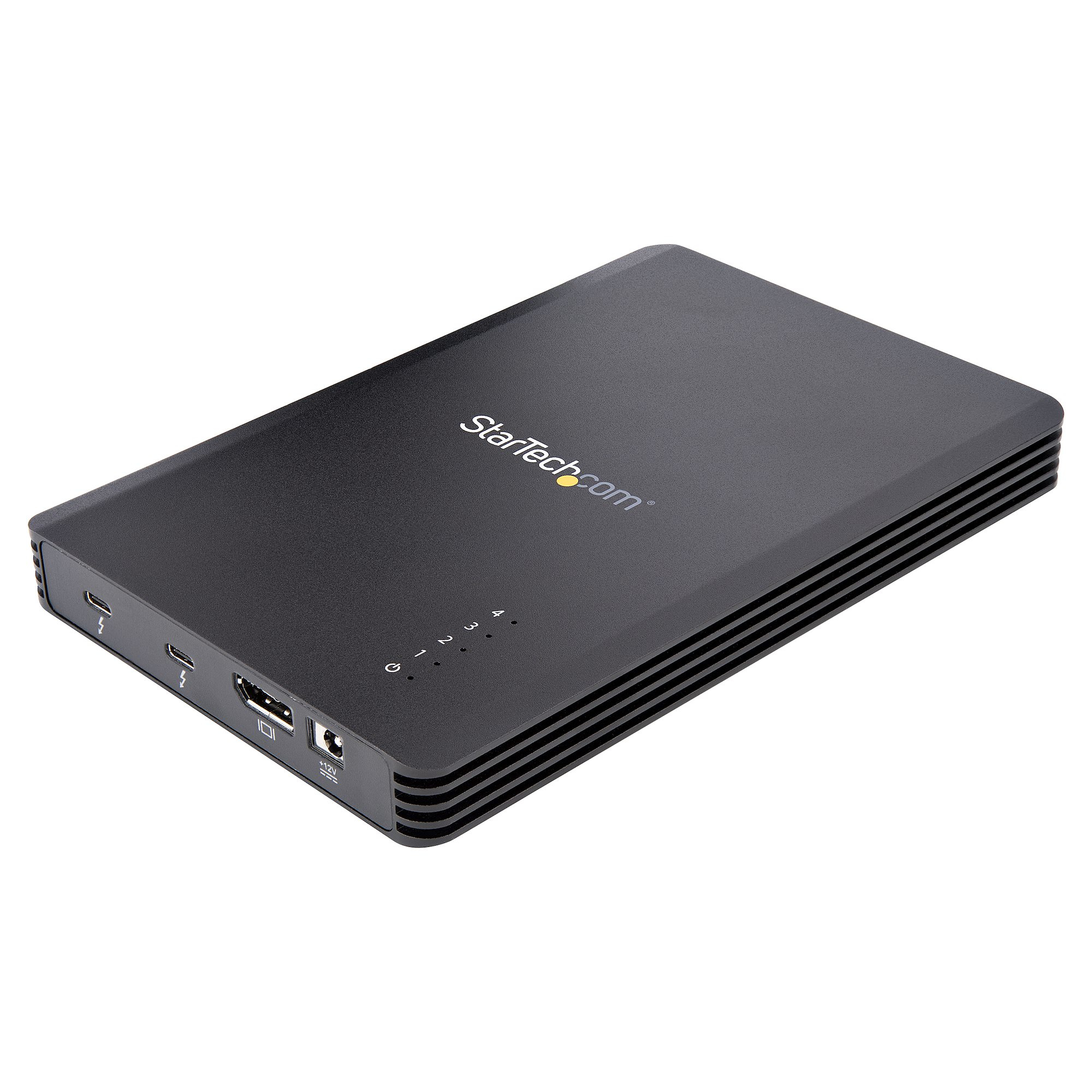 StarTech.com 4 Bay Thunderbolt 3 NVMe Enclosure, For M.2 NVMe Solid State Drives, 1x DisplayPort Video & 2x TB3 Downstream Ports, Up to 40Gbps, 72W Power Supply - 4 Bay M.2 SSD External Hard Drive Enclosure (M2E4BTB3) - Storage enclosure - M.2 - M.2 NVMe Card / PCIe (NVMe) - Thunderbolt 3 - black