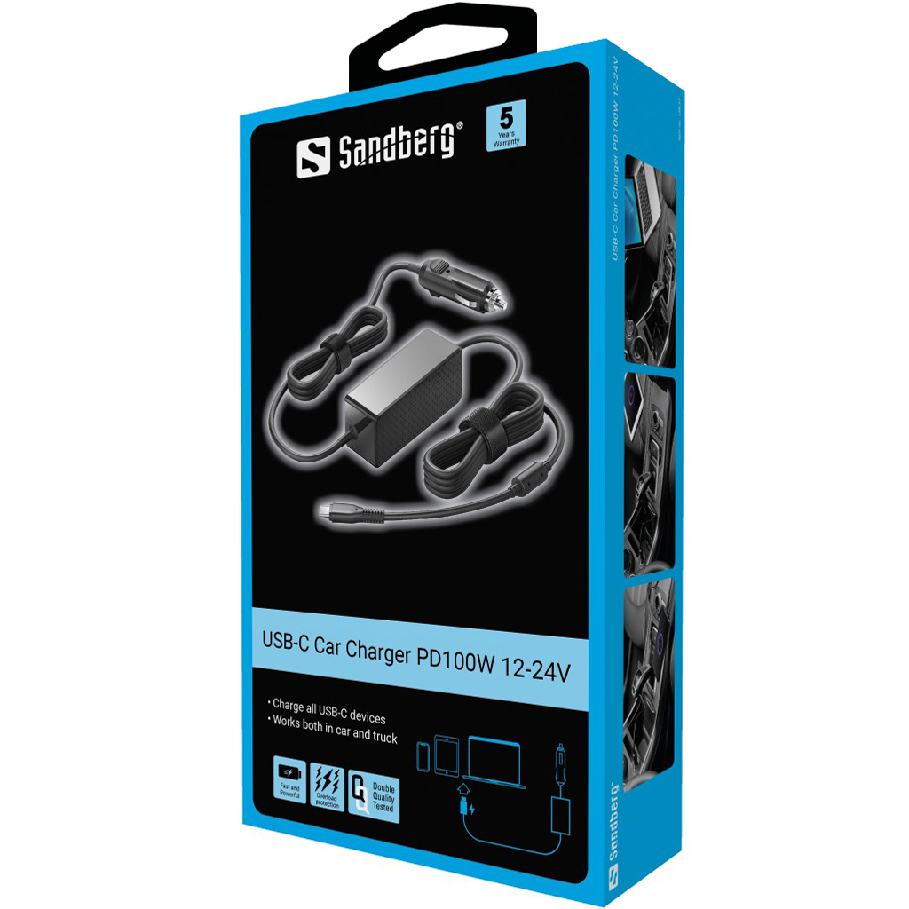 صورة شاحن سيارة Sandberg 135-77 USB-C PD100W، كابل 2.5 متر، أسود