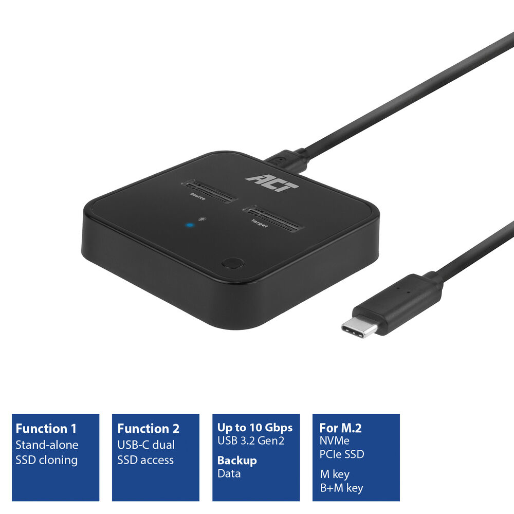 ACT M.2 NVMe/PCIe dual SSD docking clone station, USB-C 3.2 Gen2 – image 2