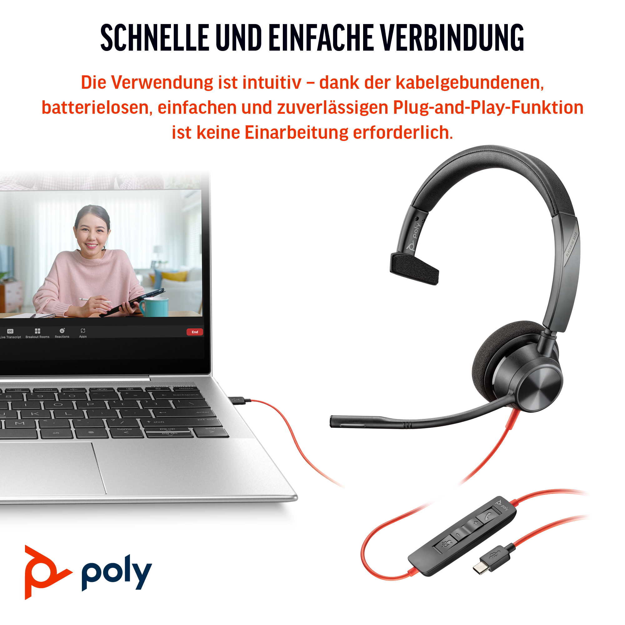 HP Poly Blackwire 3310 Monaural Microsoft Teams Certified USB-C Headset +USB-C/A Adapter. Weight: 103 g