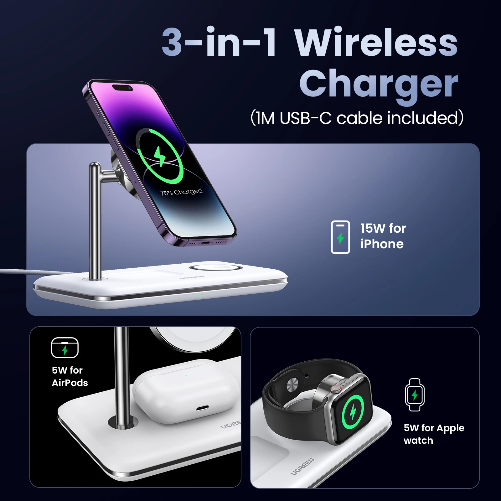 Ugreen CD278 Headphones, Smartphone, Smartwatch White AC Wireless charging Fast charging Indoor – image 5