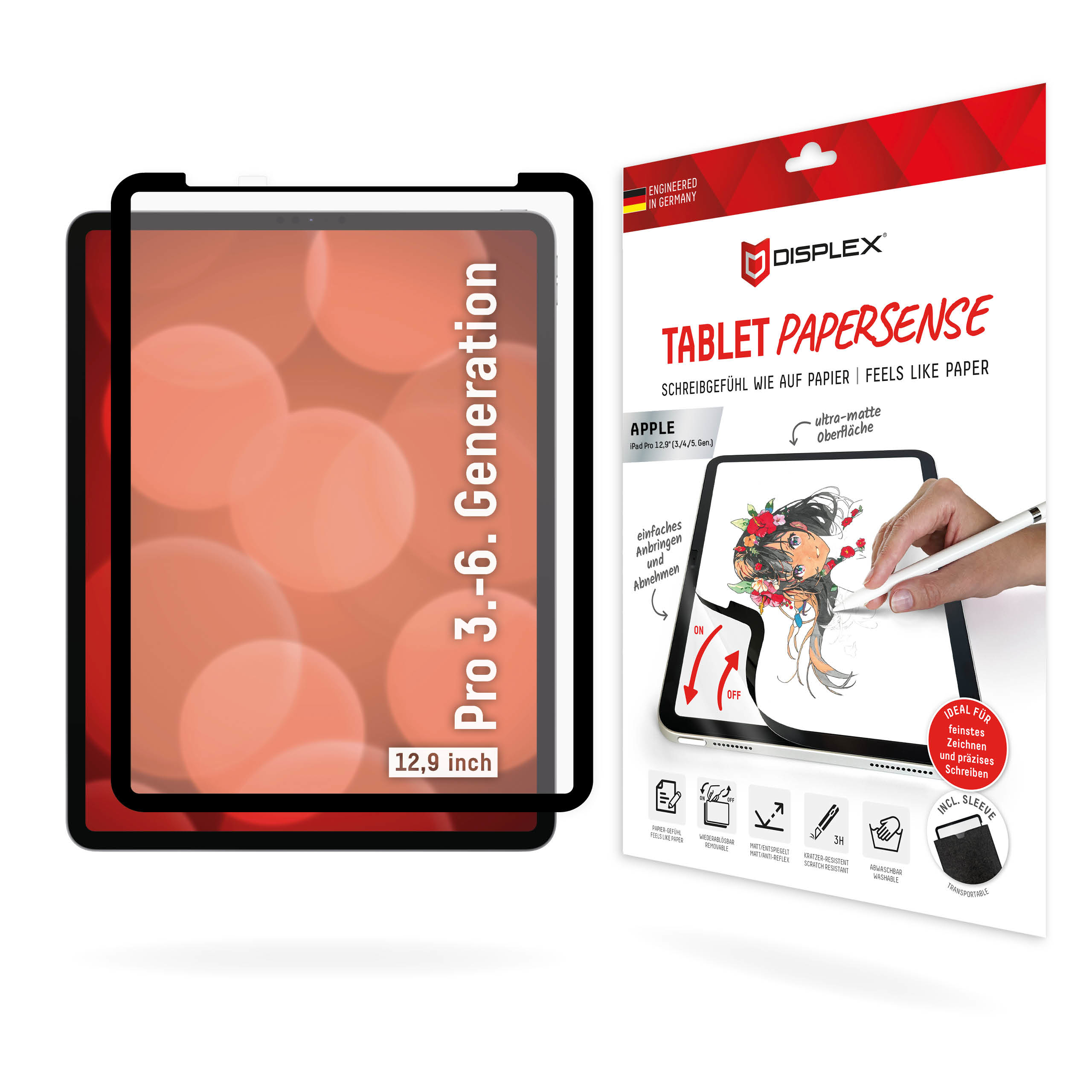 Displex TABLET PAPERSENSE for iPad Pro 12,9'' (3./4./5./6. Gen.), removable writing or drawing film with Paper Feeling