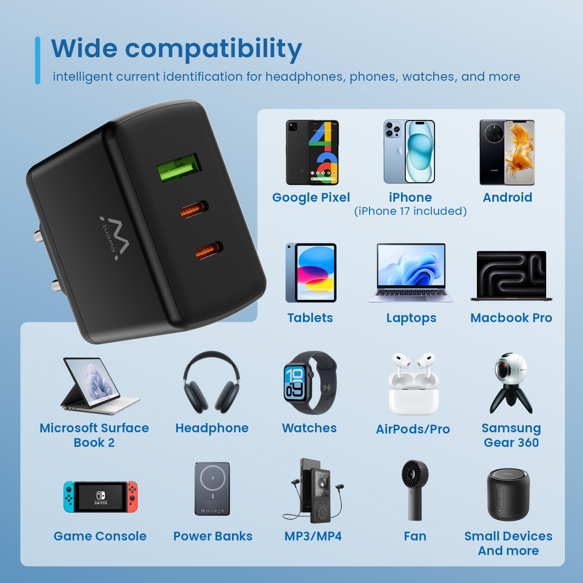 Ewent 65W GaN Fast 3-port (2 USB-C PD and 1 USB-A QC) charger, Compact Design – image 7