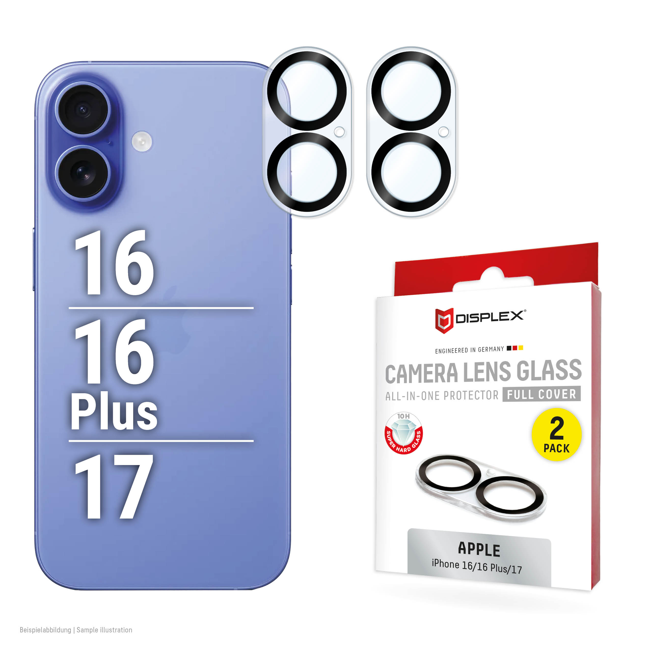 Displex Full Cover Camera Lens Glass iPhone 16/16 Plus/17, 10H, Full Camera Protector, Quick Mount, 2-Pack