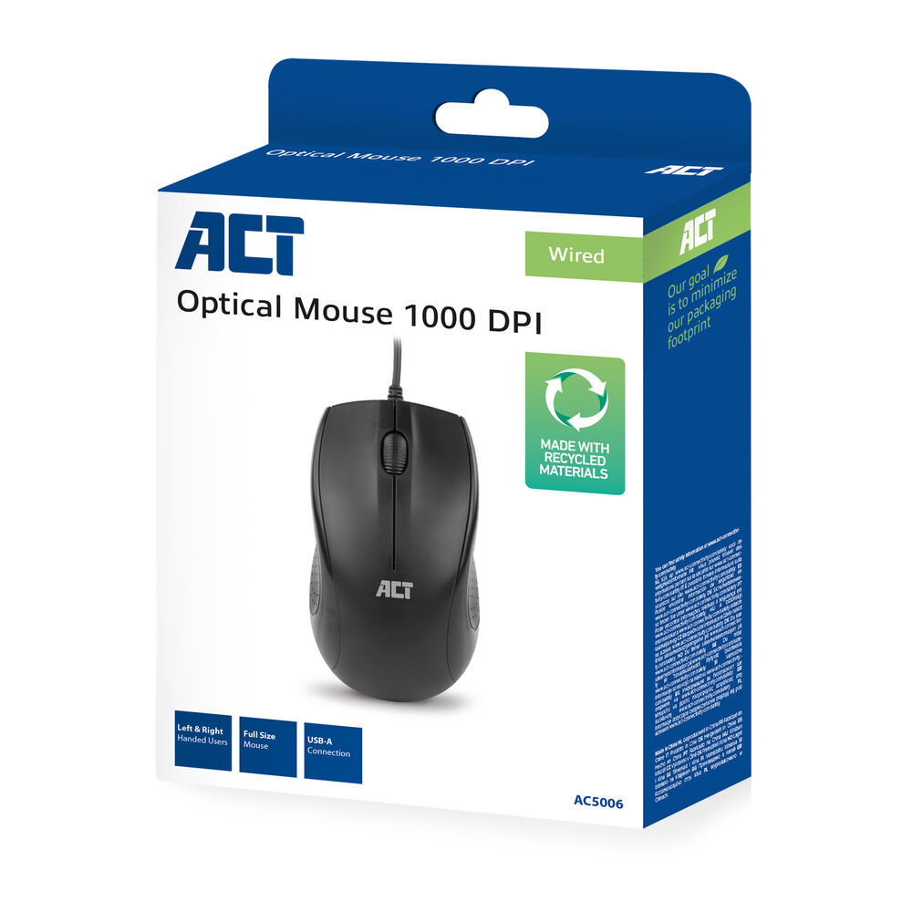 ACT Wired full-size optical mouse 1000 DPI, silent click, eco-friendly, made from recycled materials – image 7
