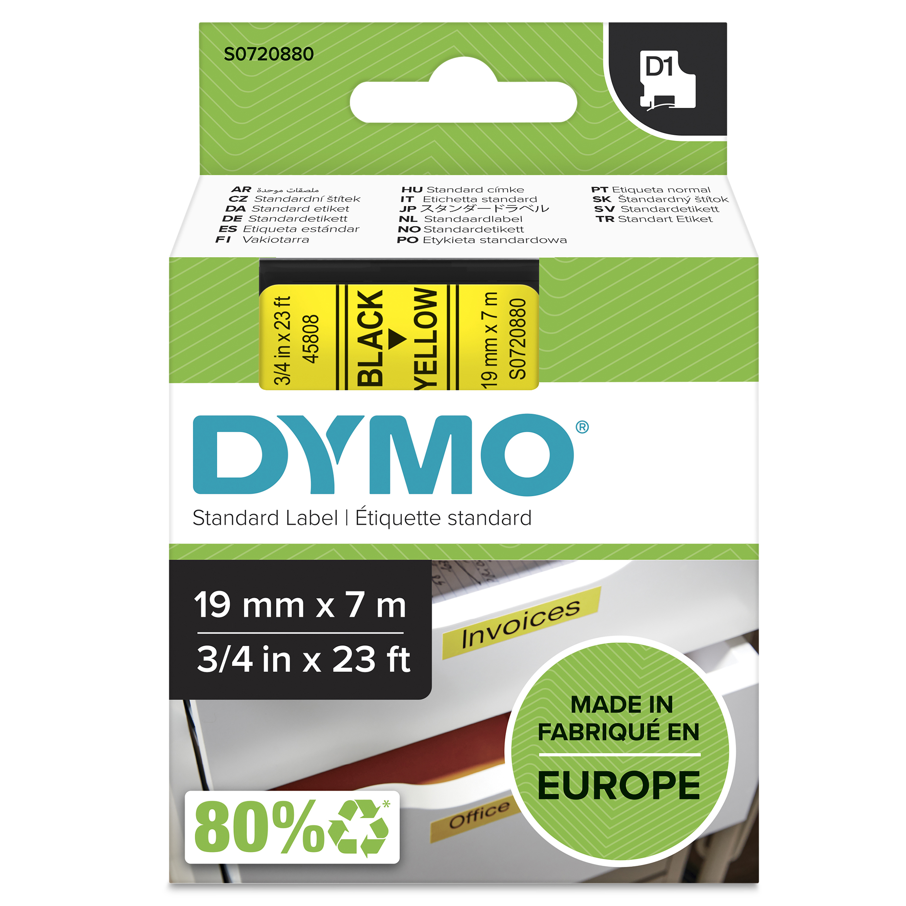 DYMO D1 - vakiopolyesteritarrat - Musta keltaisella -19mm x 7m