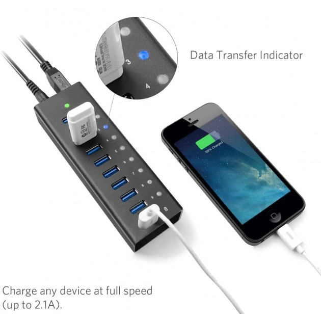 Techly 10 Ports USB 3.0 Hub with Refill Port 2.1A Aluminum IUSB3-TLYB10A – image 5