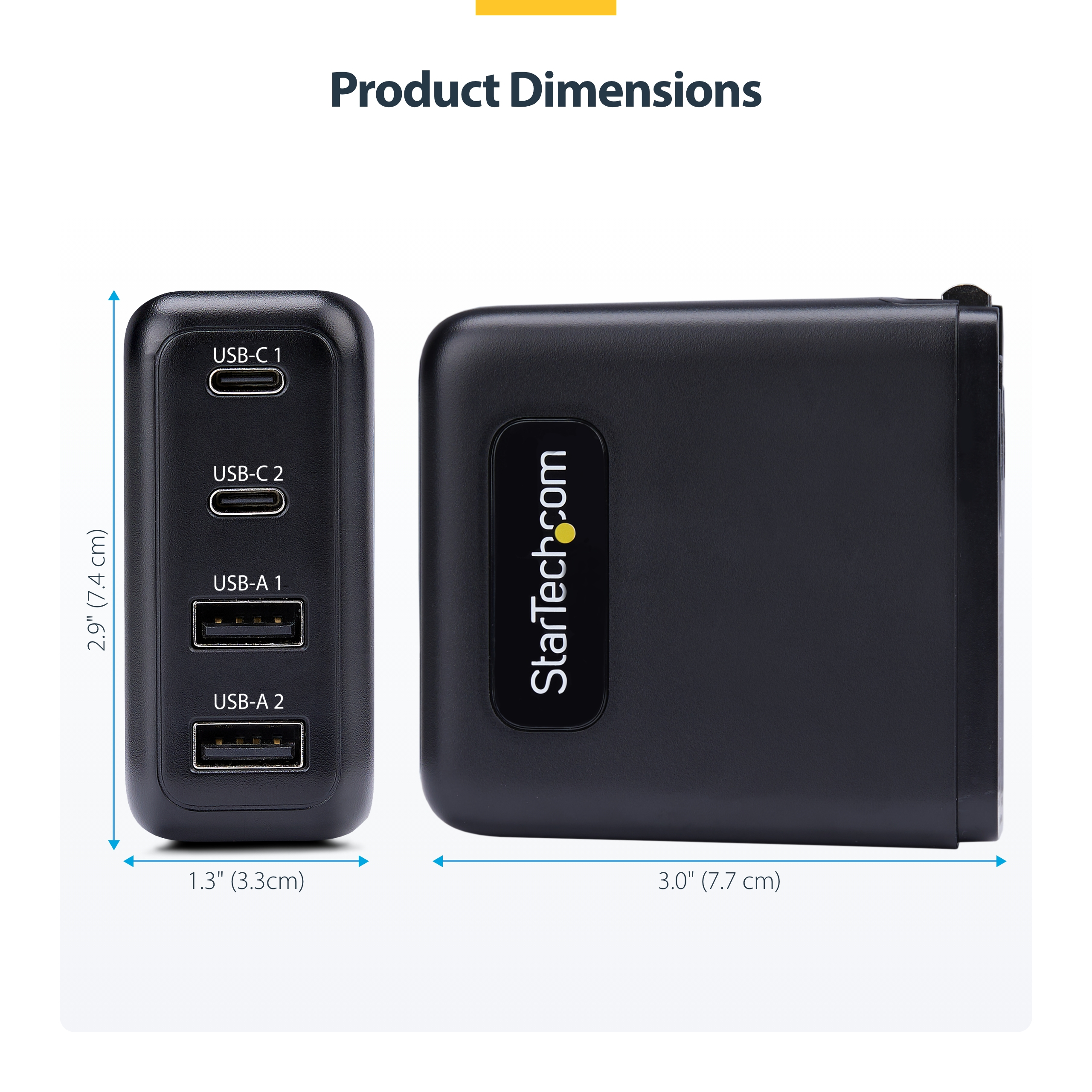 Resim StarTech.com 100W GaN USB-C PD 3.0 Duvar Tipi Şarj Cihazı, 2x USB-C, 2x USB-A, 1.8m Kablo, Siyah