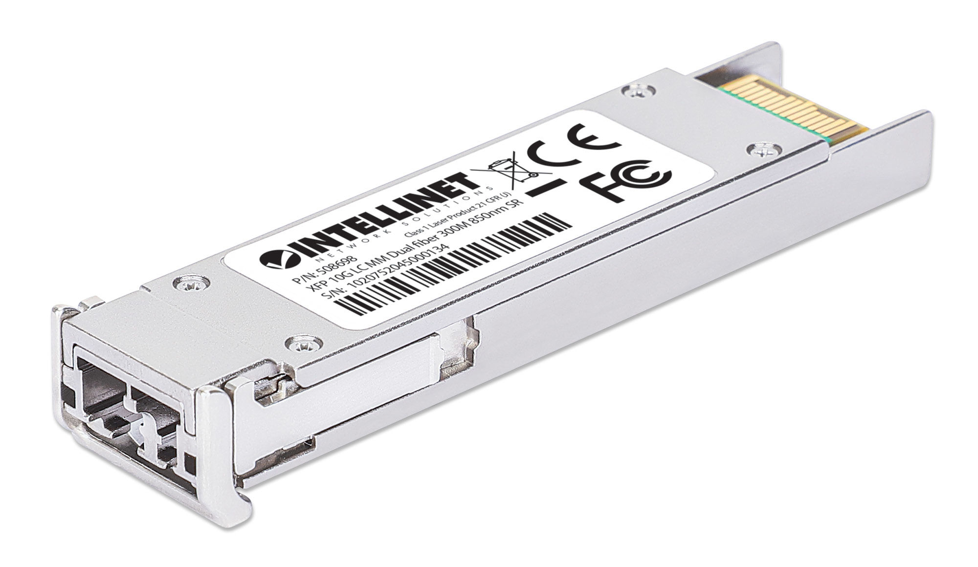 Intellinet 10 Gigabit Fiber XFP Optical Transceiver Module 10GBase-SR (LC) Multi-Mode Port, 300 m (984 ft.), MSA-compliant for Maximum Compatibility, Silver – image 1
