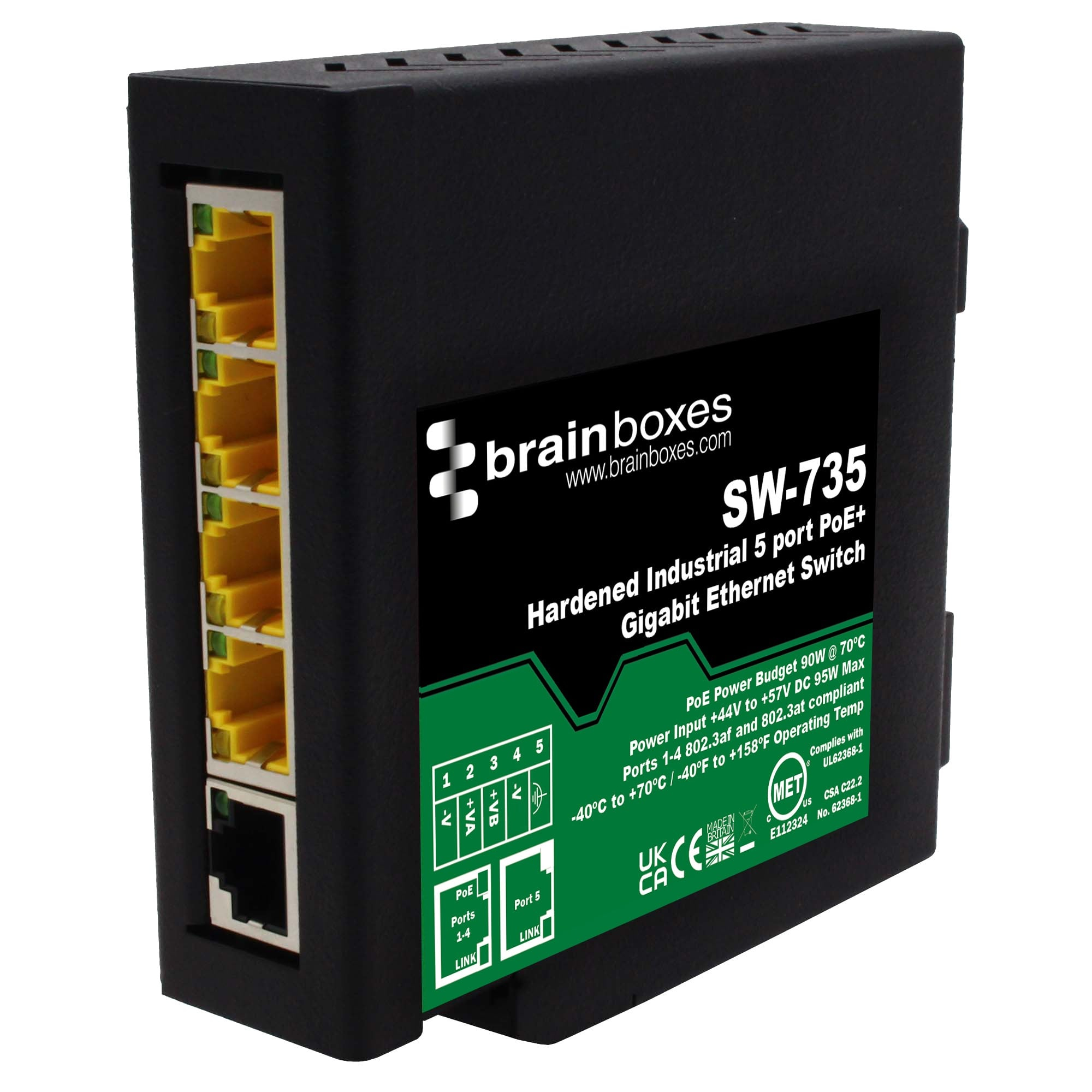 Brainboxes Hardened Industrial 5 Port PoE+ Gigabit Ethernet Switch – image 1