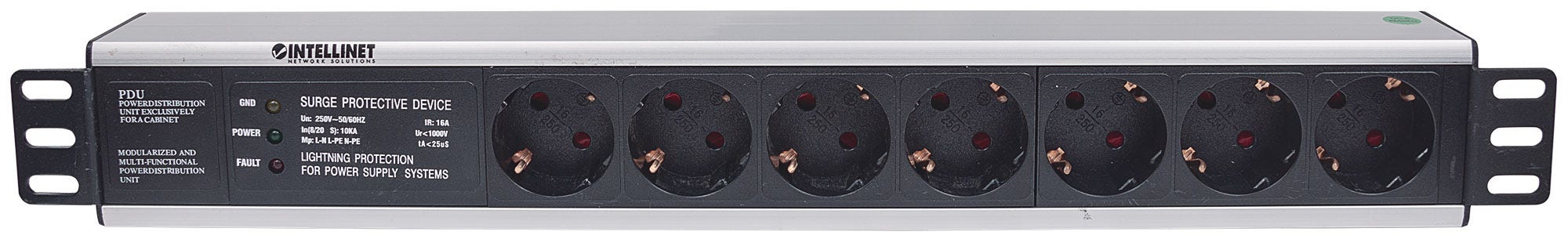 Intellinet 19" 1.5U Rackmount 7-Output Power Distribution Unit (PDU) EU CEE 7/3 Outlets, With Surge Protection, Built-in 3m Power Cord with EU CEE 7/4 Plug – image 3