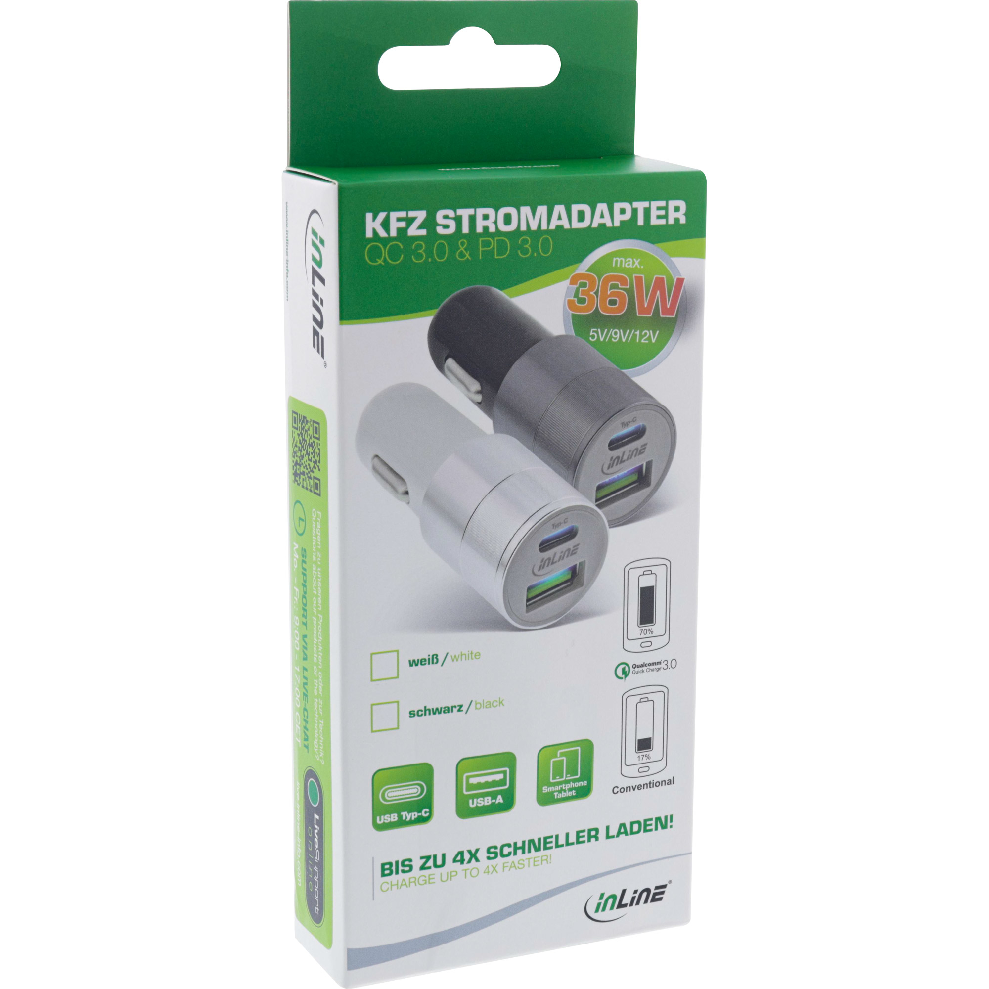 InLine USB car charger power-adaptor Quick Charge 3.0, white – image 1
