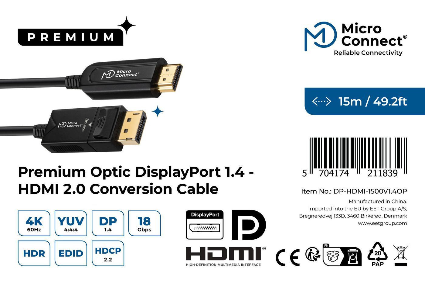 Resim Microconnect DP-HDMI-1500V1.4OP 15m DisplayPort 1.4 - HDMI 2.0 Görüntü Kablosu Adaptörü