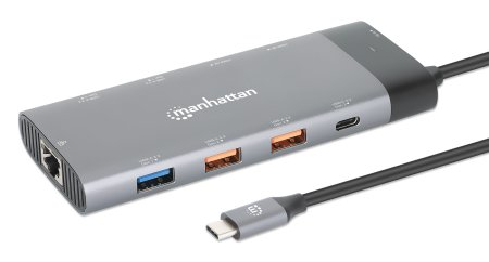 Manhattan USB-C Dock/Hub, Ports (x10): Ethernet, HDMI (x2 8k), USB-A (x5) and USB-C (x2), With Power Delivery (100W) to USB-C Port (Note additional USB-C wall c