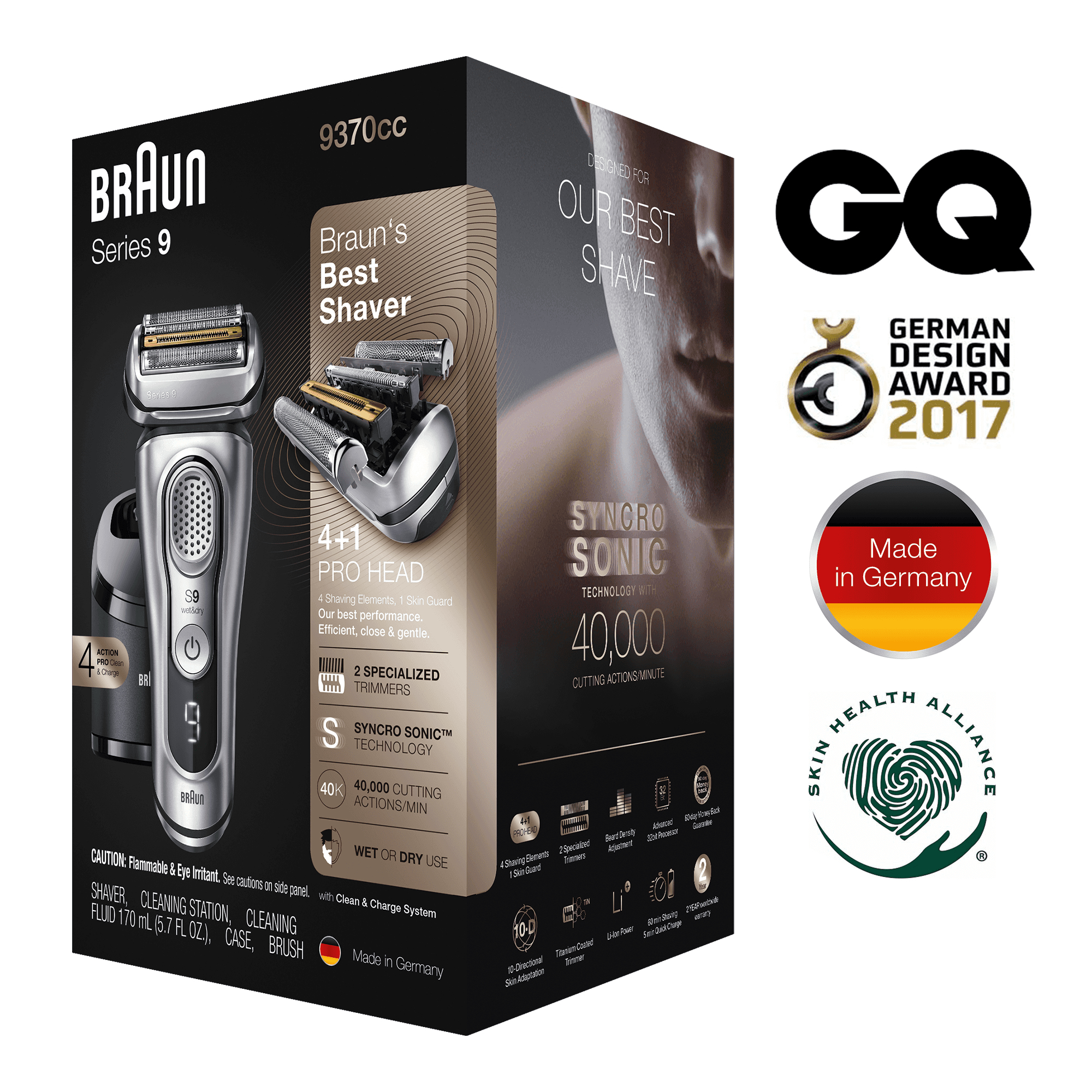 Braun Series 9 9370cc Latest Generation Electric Shaver, Clean&Charge Station, Fabric Case, Silver – image 9