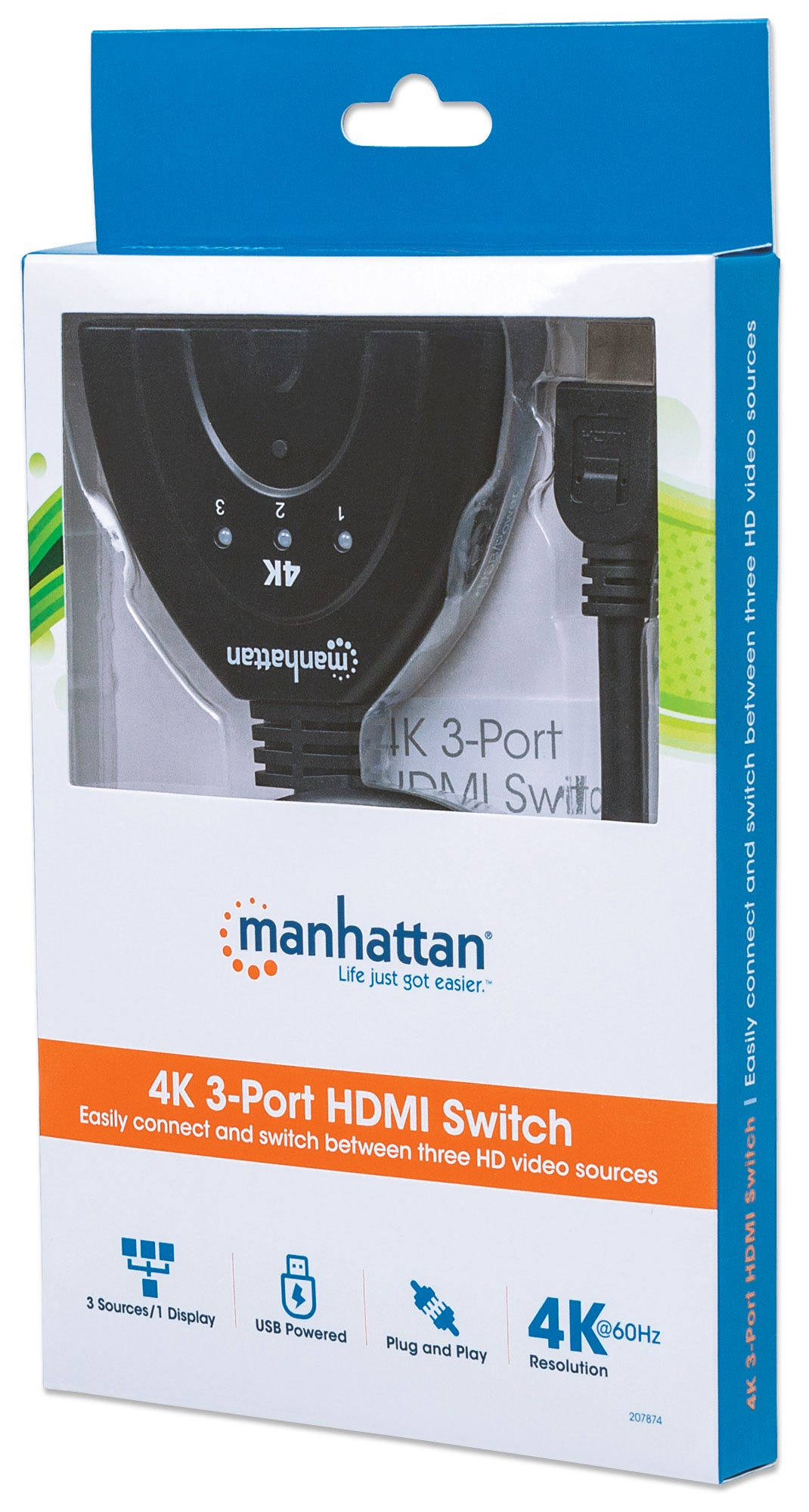 Manhattan HDMI Switch 3-Port, 4K@60Hz, Connects x3 HDMI sources to x1 display, Manual Switching (via button), Integrated Cable (58cm), No external power require – image 6