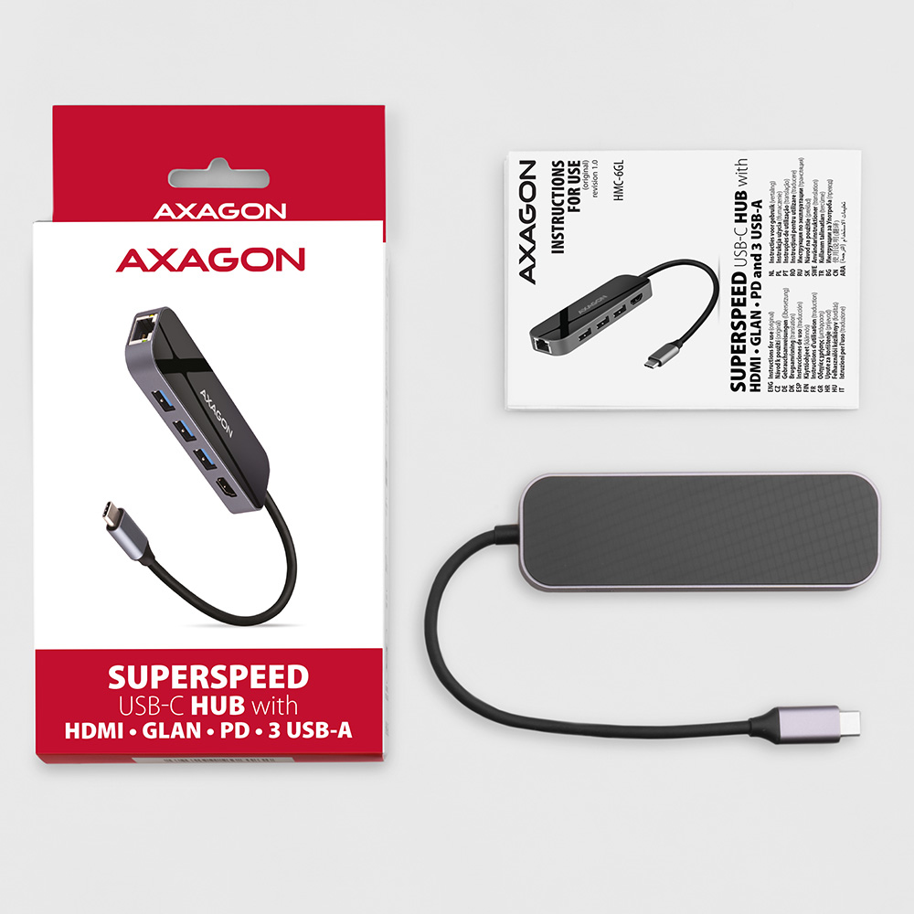 Axagon HMC-6GL USB 3.2 Gen 1 hub, 3x USB-A, HDMI 4k/30Hz, RJ-45, PD – image 2