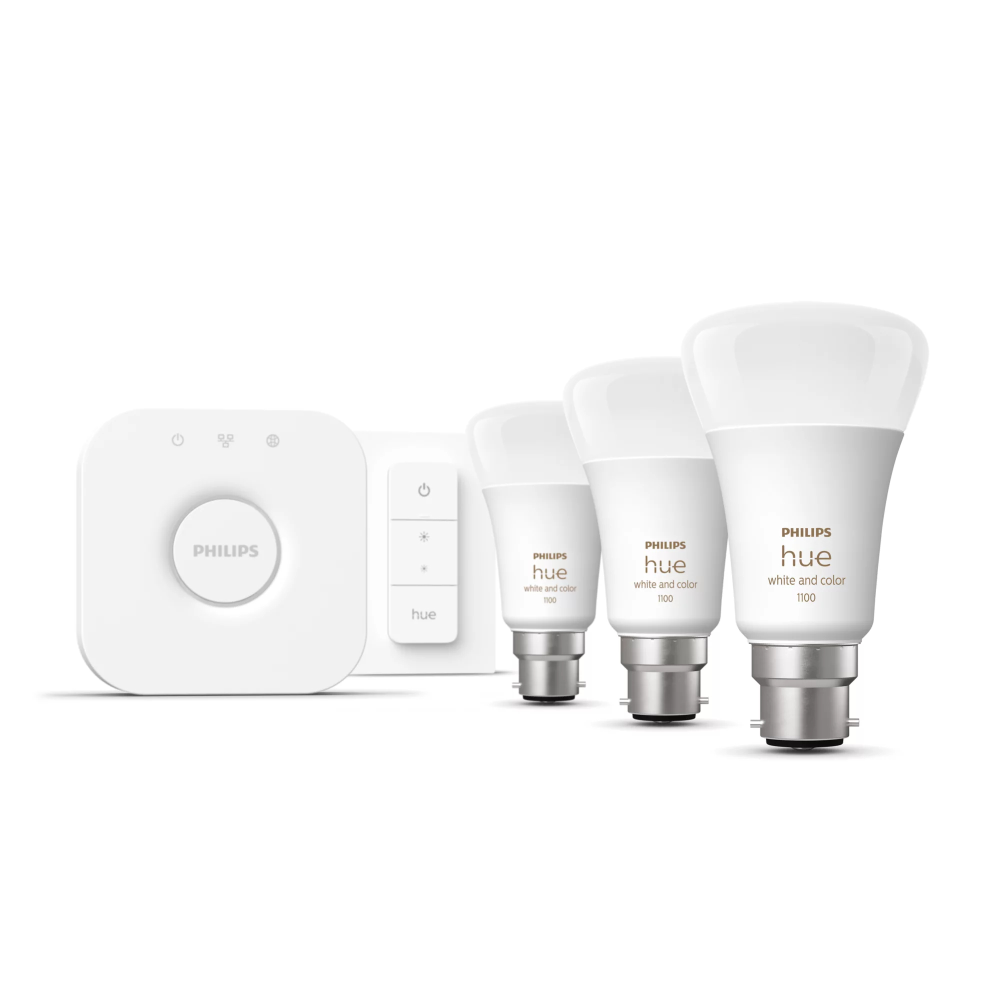 Philips by Signify Philips Hue White and colour ambience Starter kit: 3 B22 smart bulbs (1100) + dimmer switch – image 2