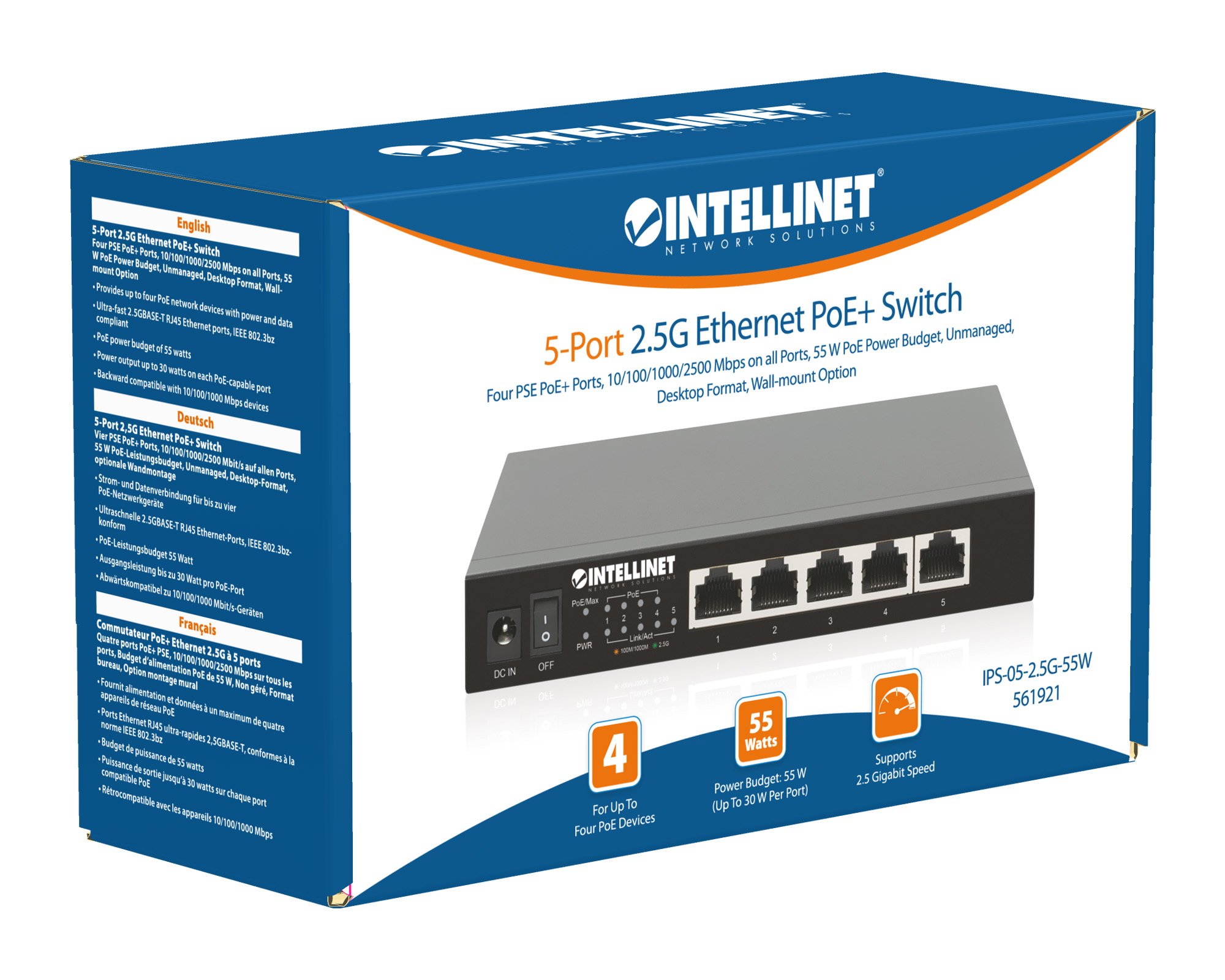 Intellinet 5-Port 2.5G Ethernet PoE+ Switch Four PSE PoE+ Ports, 10/100/1000/2500 Mbps on all Ports, 55 W PoE Power Budget, Unmanaged, Desktop Format, Wall-moun – image 9